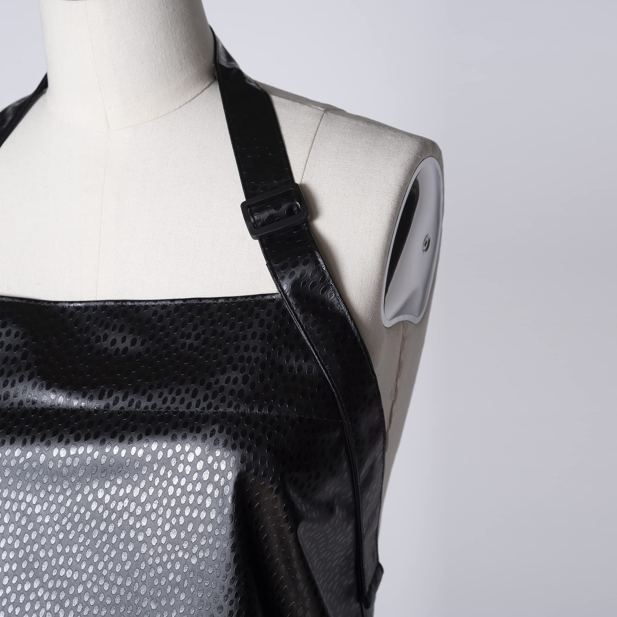 Fromm Apparel Studio black embossed pattern hair stylist apron, waterproof, chemical proof, adjustable, knee-length coverage.