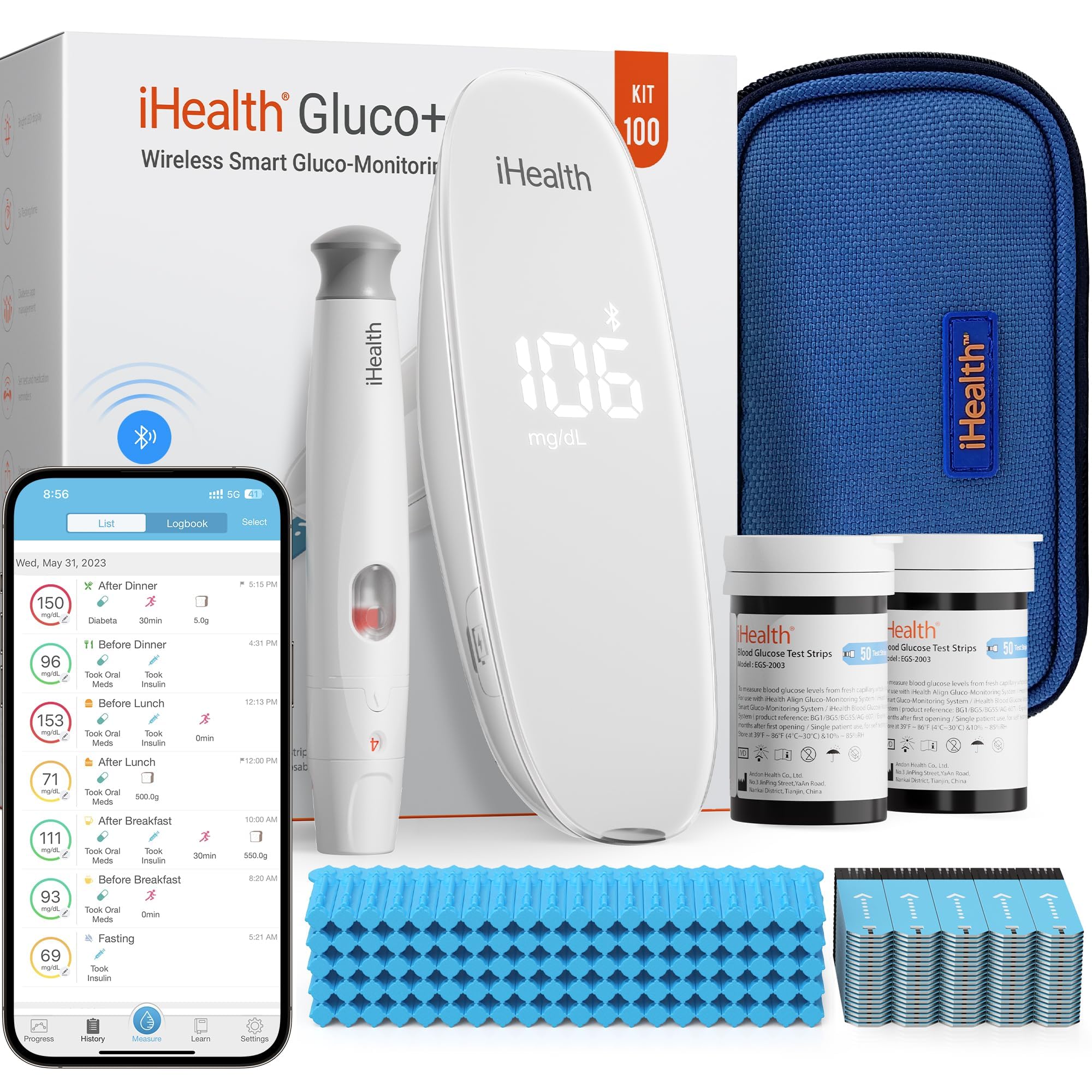 iHealth Gluco+ Wireless Smart Glucose Monitor Kit, 100 Strips & - Product Imagery
