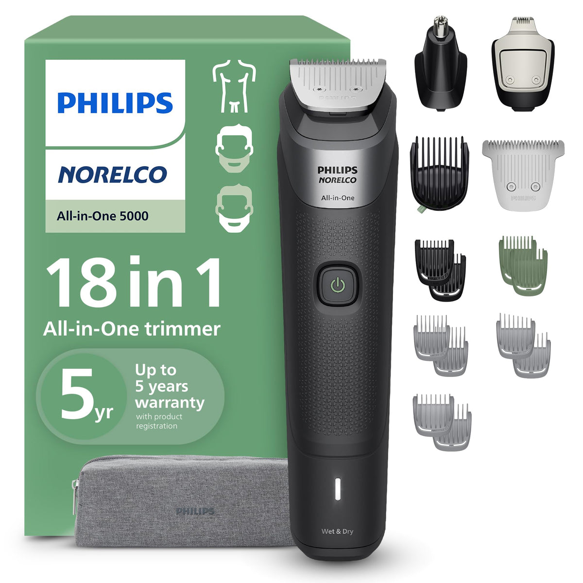 Philips Norelco All-in-One 5000 18-in-1 Trimmer, Face, Hair & Body, Black – Black
