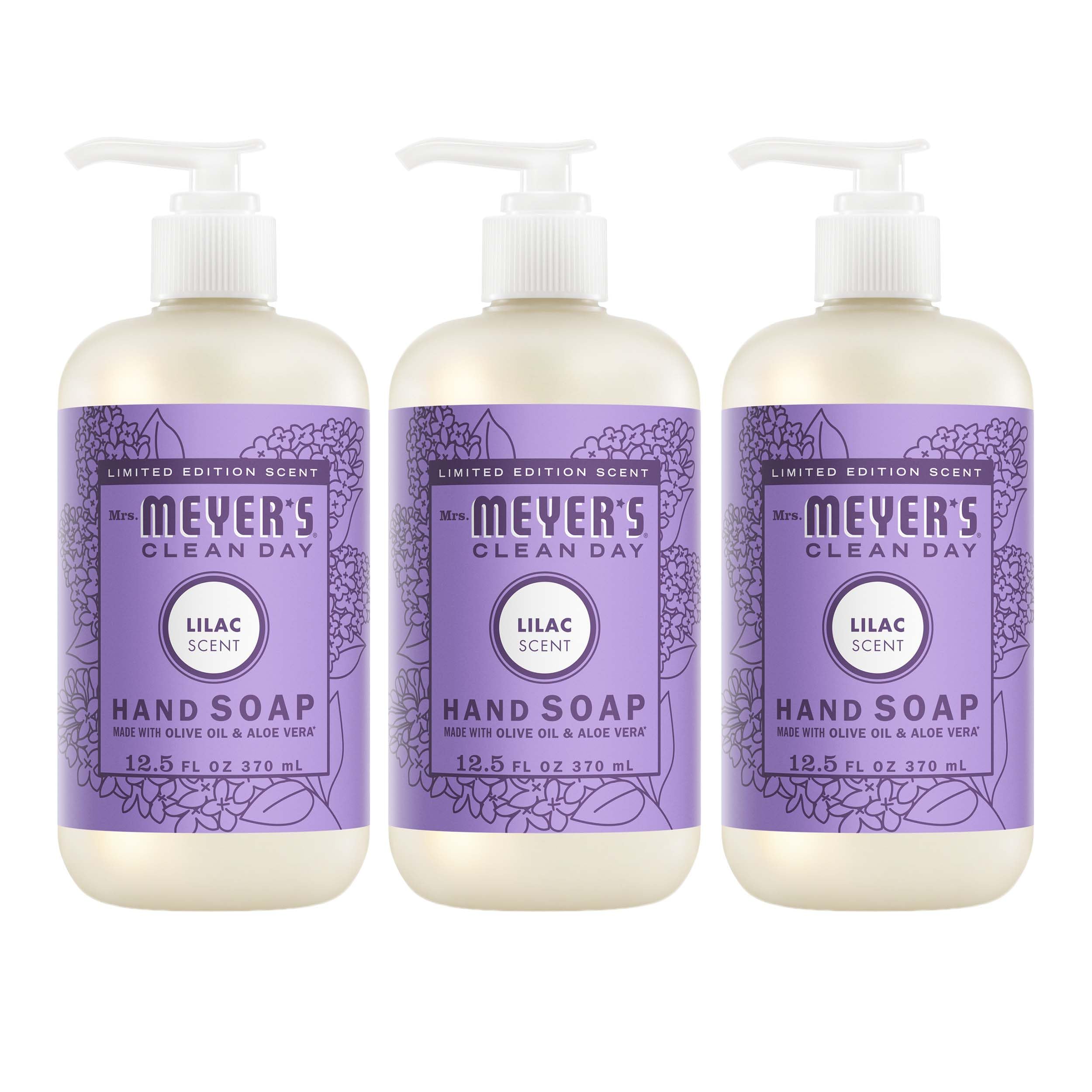 Mrs. Meyer’s Clean Day liquid hand soap in lilac scent, 3-pack, 12.5 fl oz bottles with floral design and pump dispensers.