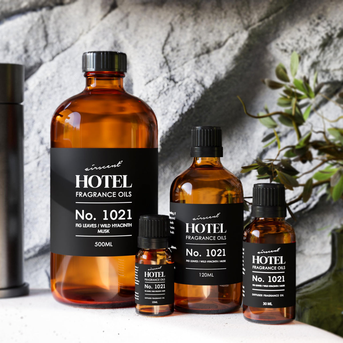 Air-Scent AirScent Hotel Diffuser Oil No. 1021 - Fig Hyacinth Sandalwood - 500 mL – back view and specifications
