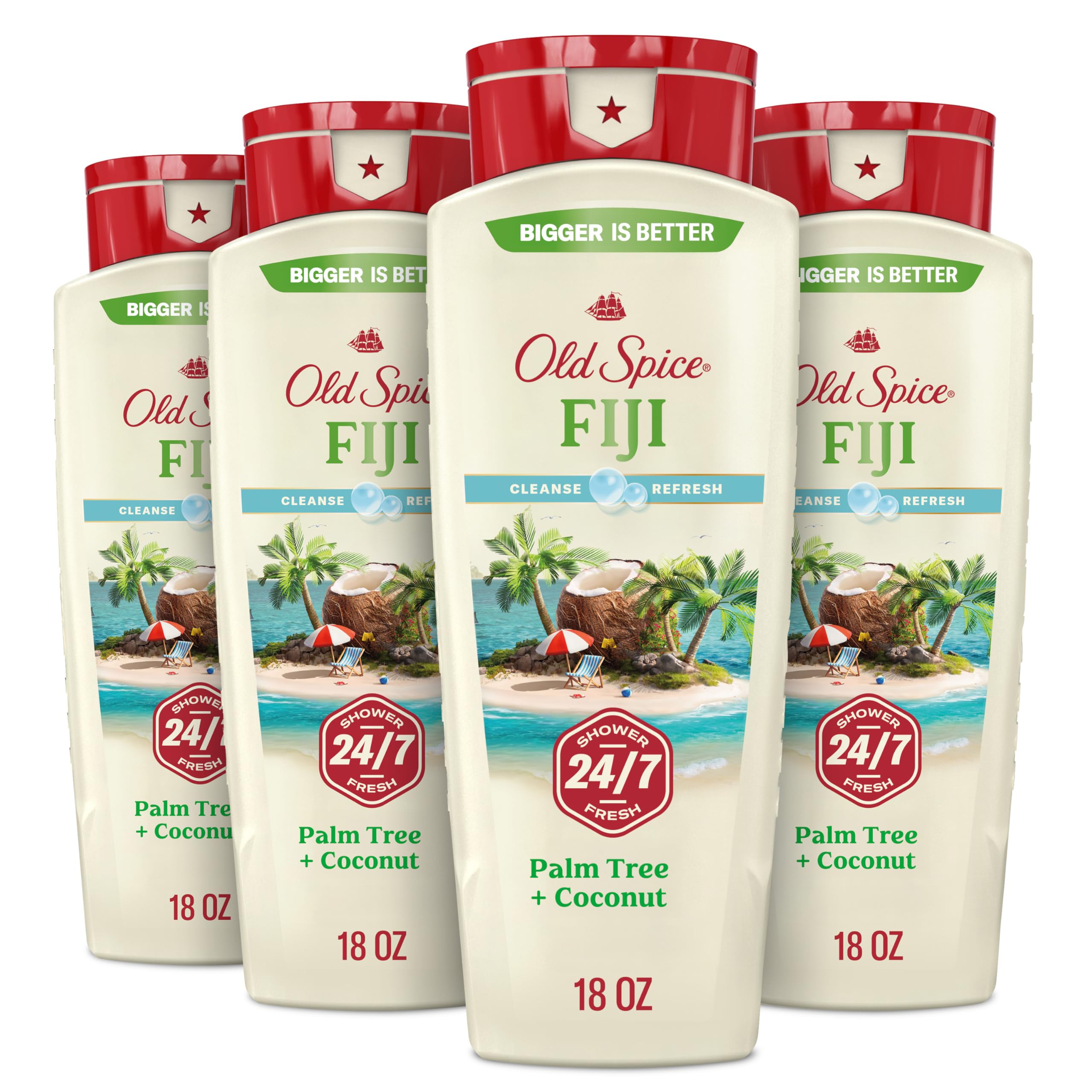Old Spice men's body wash with Fiji coconut scent, featuring palm trees, vitamin B3, and a refreshing 18 oz bottle.