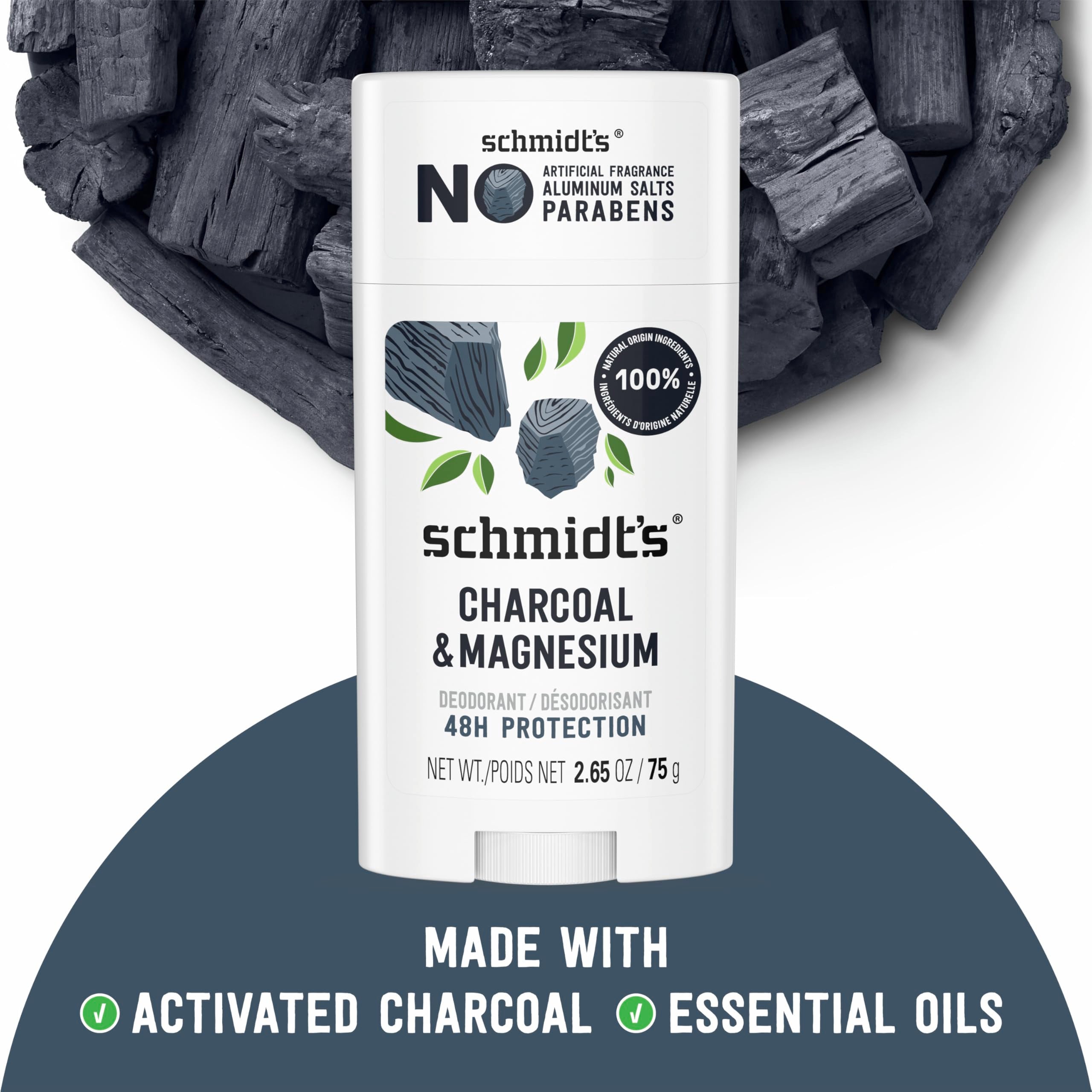 Schmidt's Vegan Deodorant in charcoal and magnesium, 2.65 oz, showing the natural deodorant stick with charcoal scent.