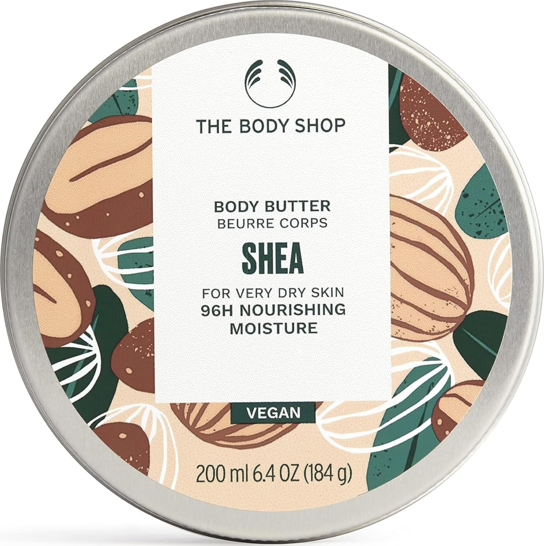 The Body Shop Shea Body Butter in 6.4 oz jar, showing creamy shea moisturizer for long-lasting hydration.