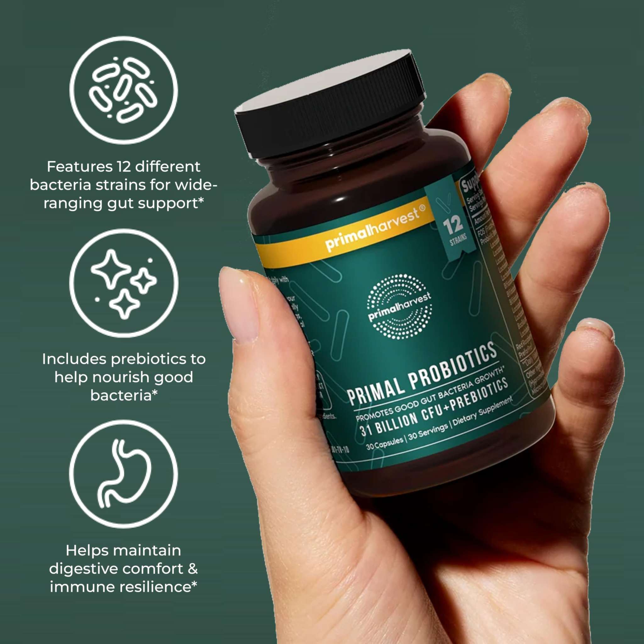Primal Harvest probiotic supplement bottle with 12 strains of beneficial bacteria for daily digestive health.