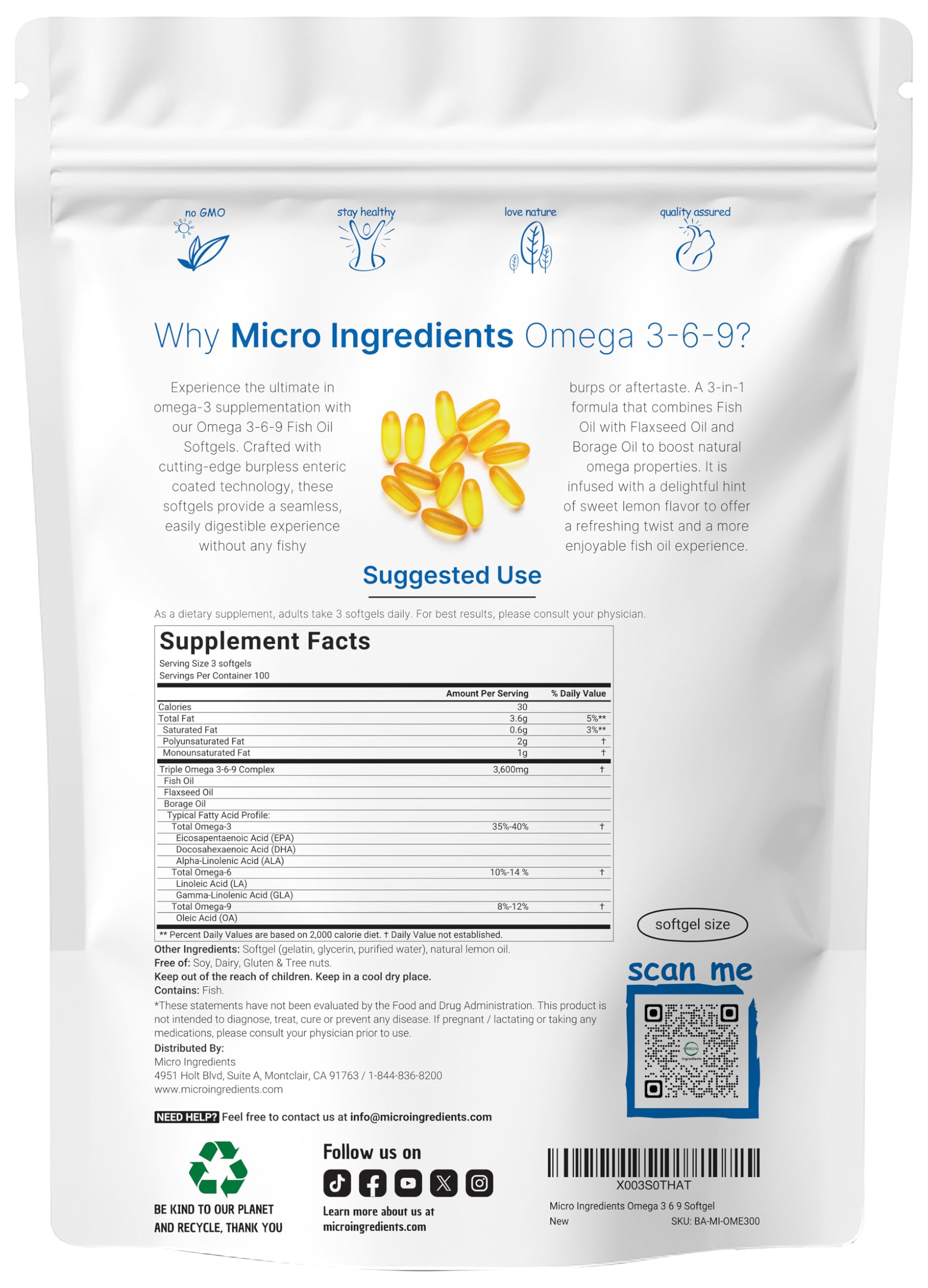 Ultra Omega 3-6-9 3600mg 300 Burpless Softgels Lemon