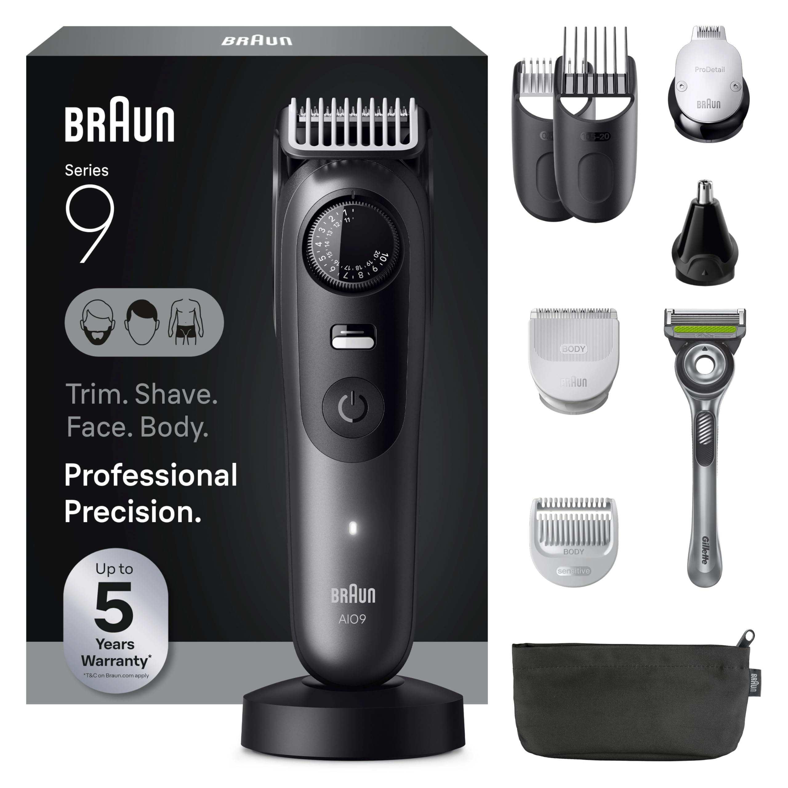 Braun All-in-One Series 9 men's electric hair trimmer, beard shaver, and razor with Gillette Labs razor attachment, cordless.