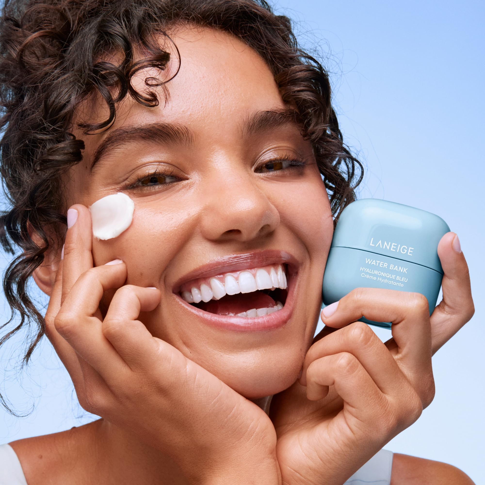 Laneige Water Bank Blue Hyaluronic Cream 50ml jar showing creamy blue skincare product for hydration and skin nourishment