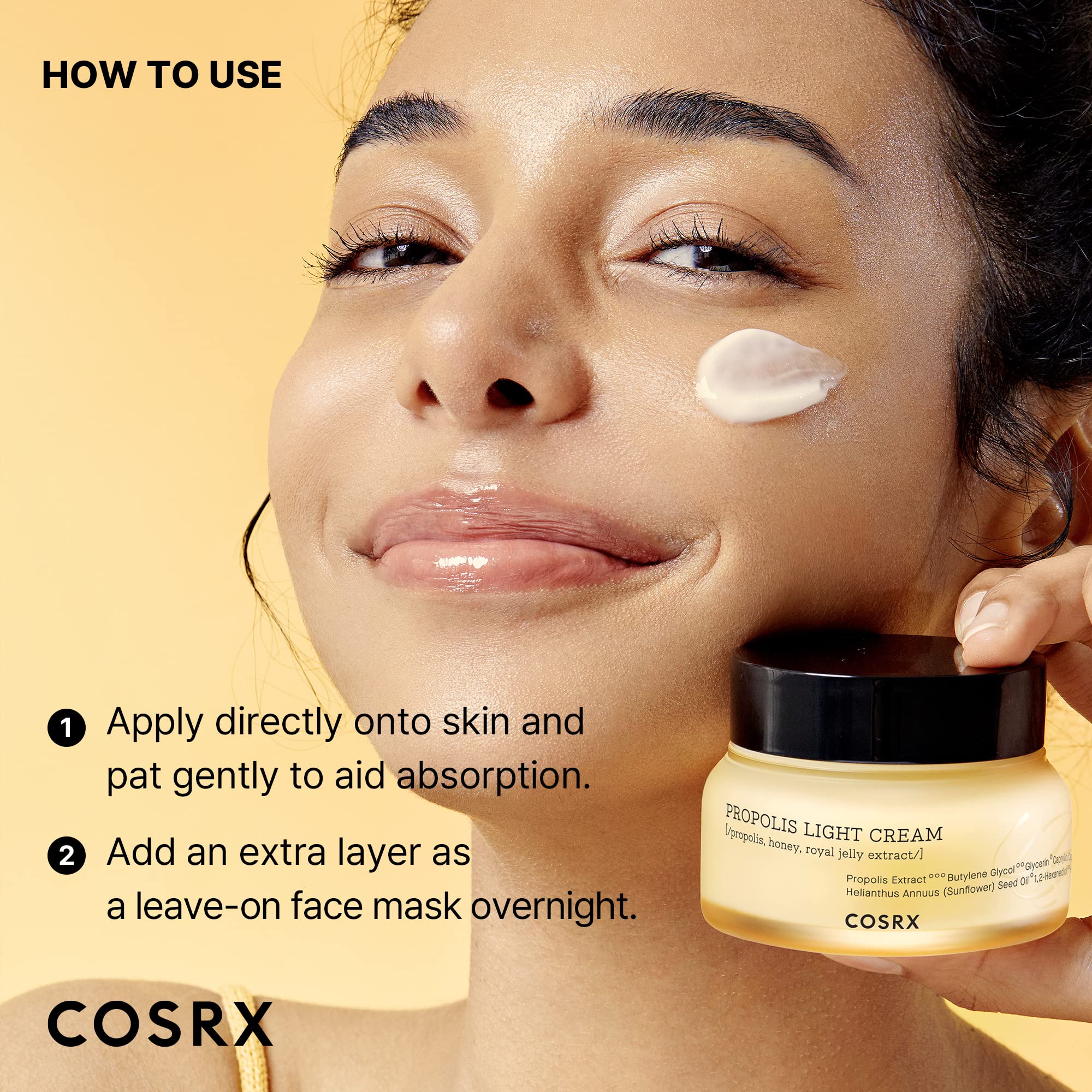 COSRX 64% Propolis Honey lightweight moisturizer with golden glow, shown in a 2.19 fl oz jar, emphasizing natural, hydrating skincare.