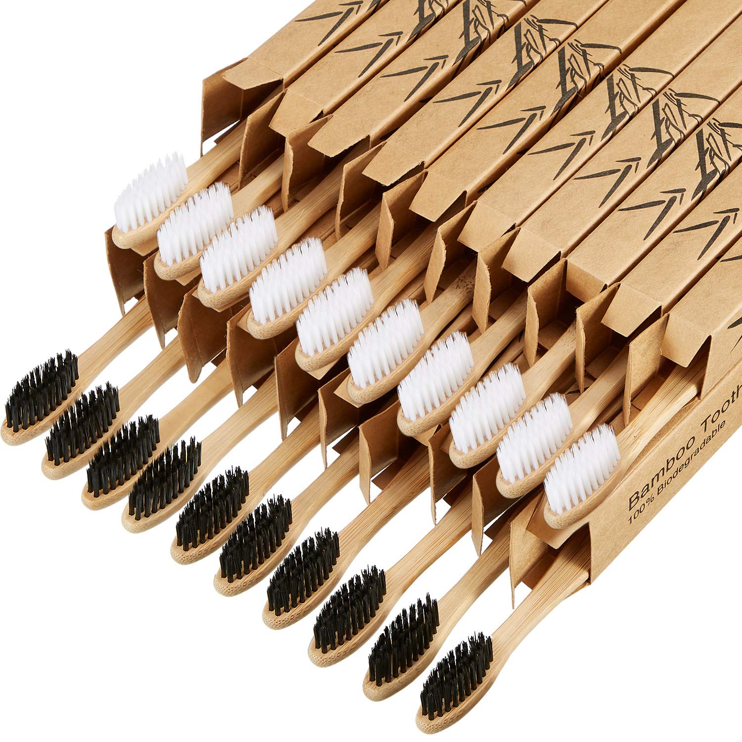 Boao 20-pack soft bamboo charcoal toothbrushes with natural bamboo handles and soft bristles for gentle cleaning.