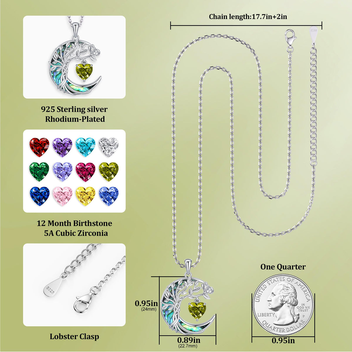 Distance Tree of Life Birthstone Necklace for Women, S925 Sterling Silver Premium Abalone Shell Moon Pendant, Heart Birt