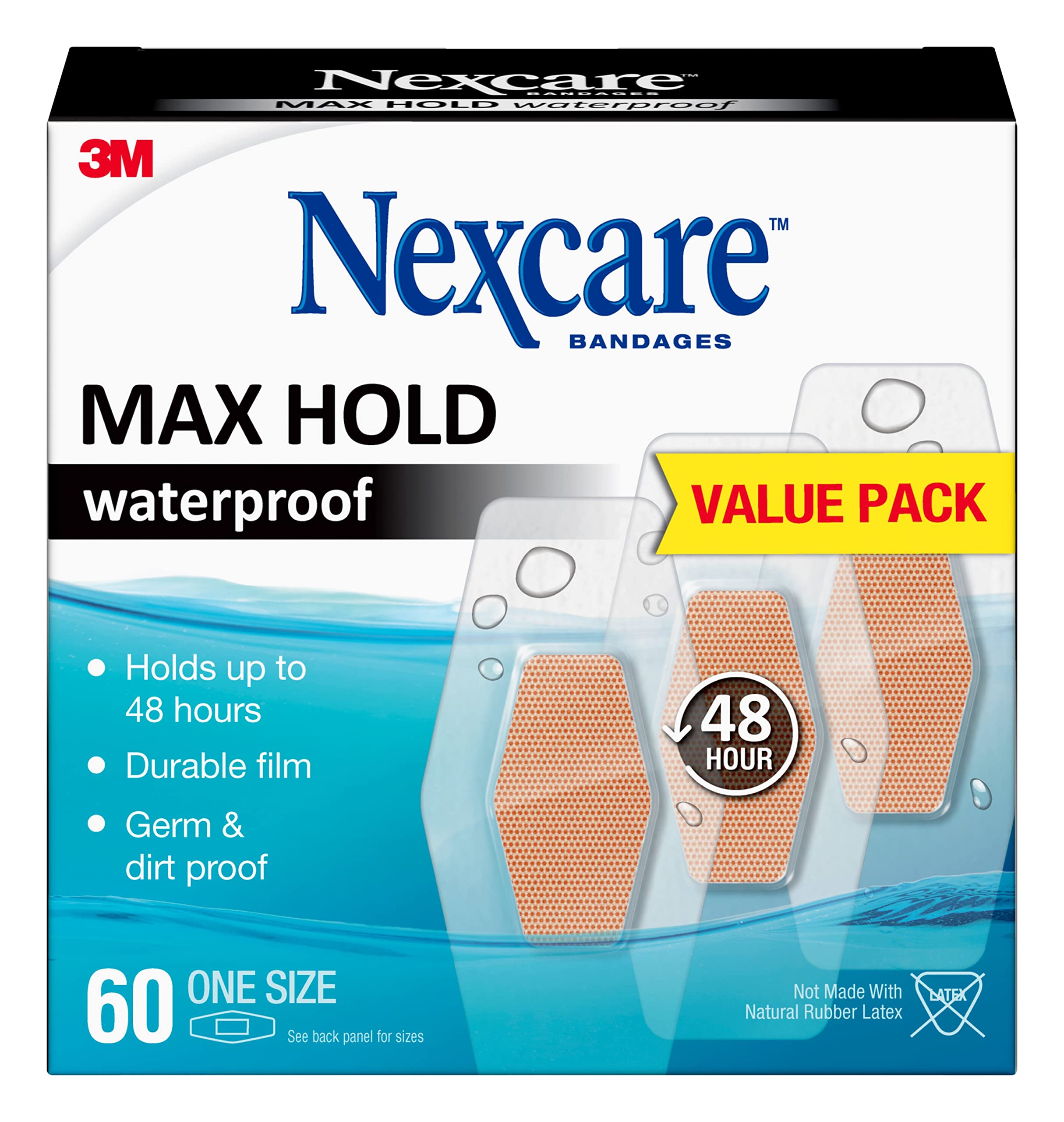 Nexcare Max Hold Waterproof Bandages, Stays On for 48 Hours, - Product Imagery
