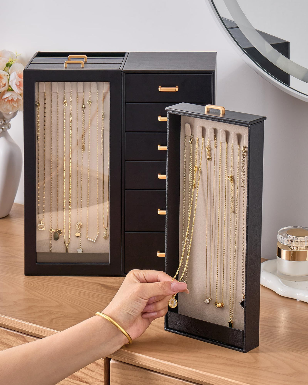 Lolalet Large Jewelry Box Organizer for Women, PU Leather Jewelry Case with Necklace Holder & Multiple Drawers, Tabletop