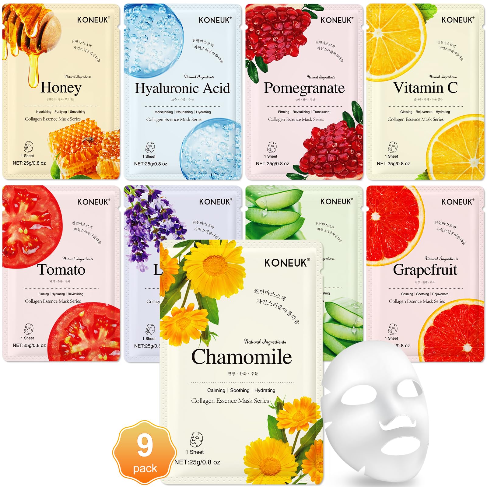 9 Pack Collagen Face Masks Skincare for Women, Hydrating Sheet - Product Imagery