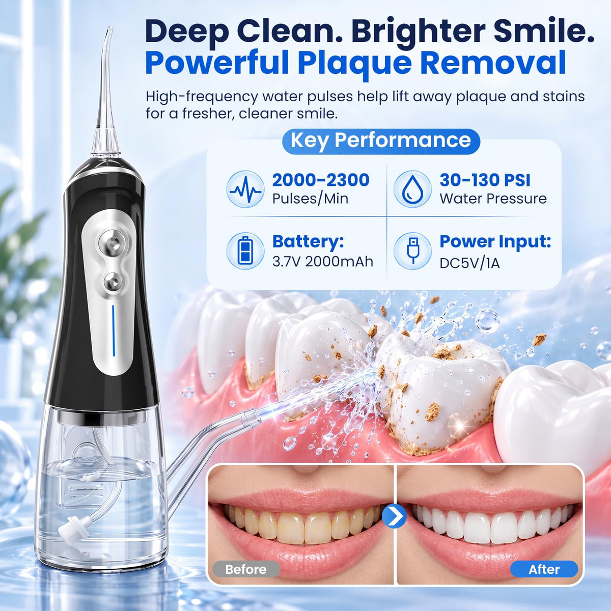 Xsmfyh Portable & Cordless Water Flosser, 6 Speed & DIY, 320ML Detachable Tank – close-up detail in Black