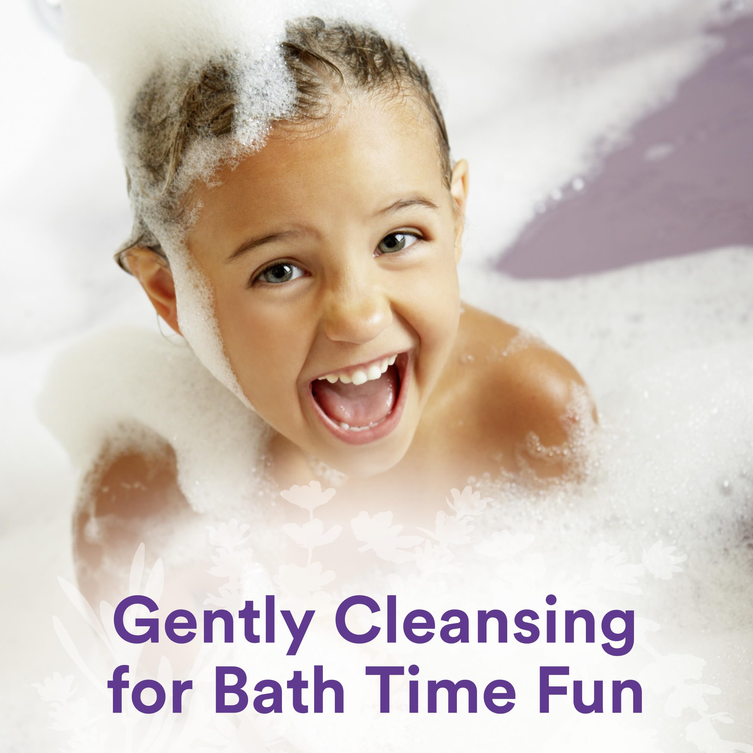 Suave Kids lavender 3-in-1 shampoo, conditioner, and body wash bottles in a 4-pack, suitable for children’s hair and skin.