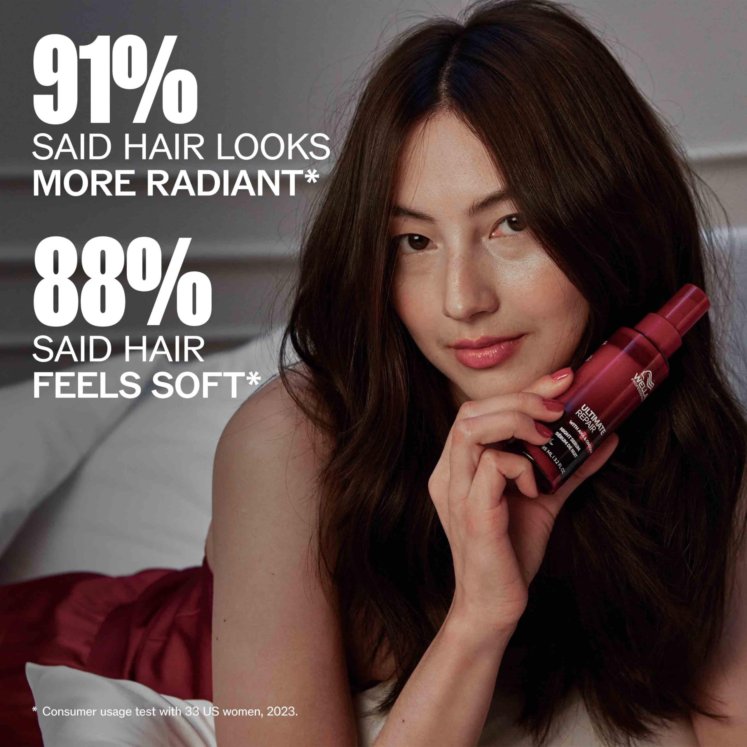 Wella Professionals Ultimate Repair Night Serum for hair, showing a sleek bottle of overnight treatment for damaged hair repair.