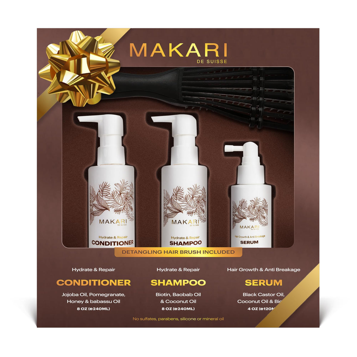 Makari Hair Care Set with Shampoo, Conditioner, Serum & Brush – product photo (Shampoo &amp; Conditioner Sets)