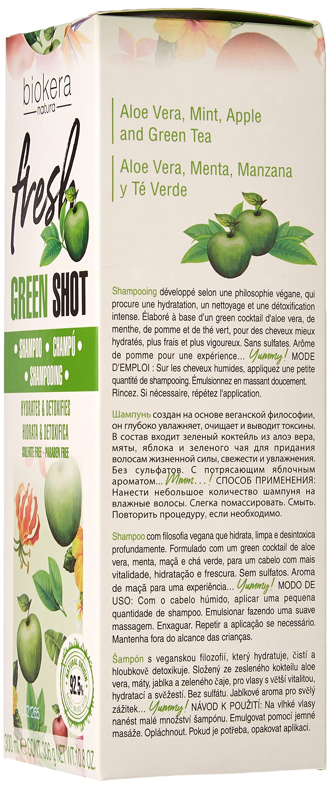 Salerm Biokera Green Shot Shampoo in 10.8 oz bottle, unisex hair cleanser with natural ingredients, shown in a sleek green packaging