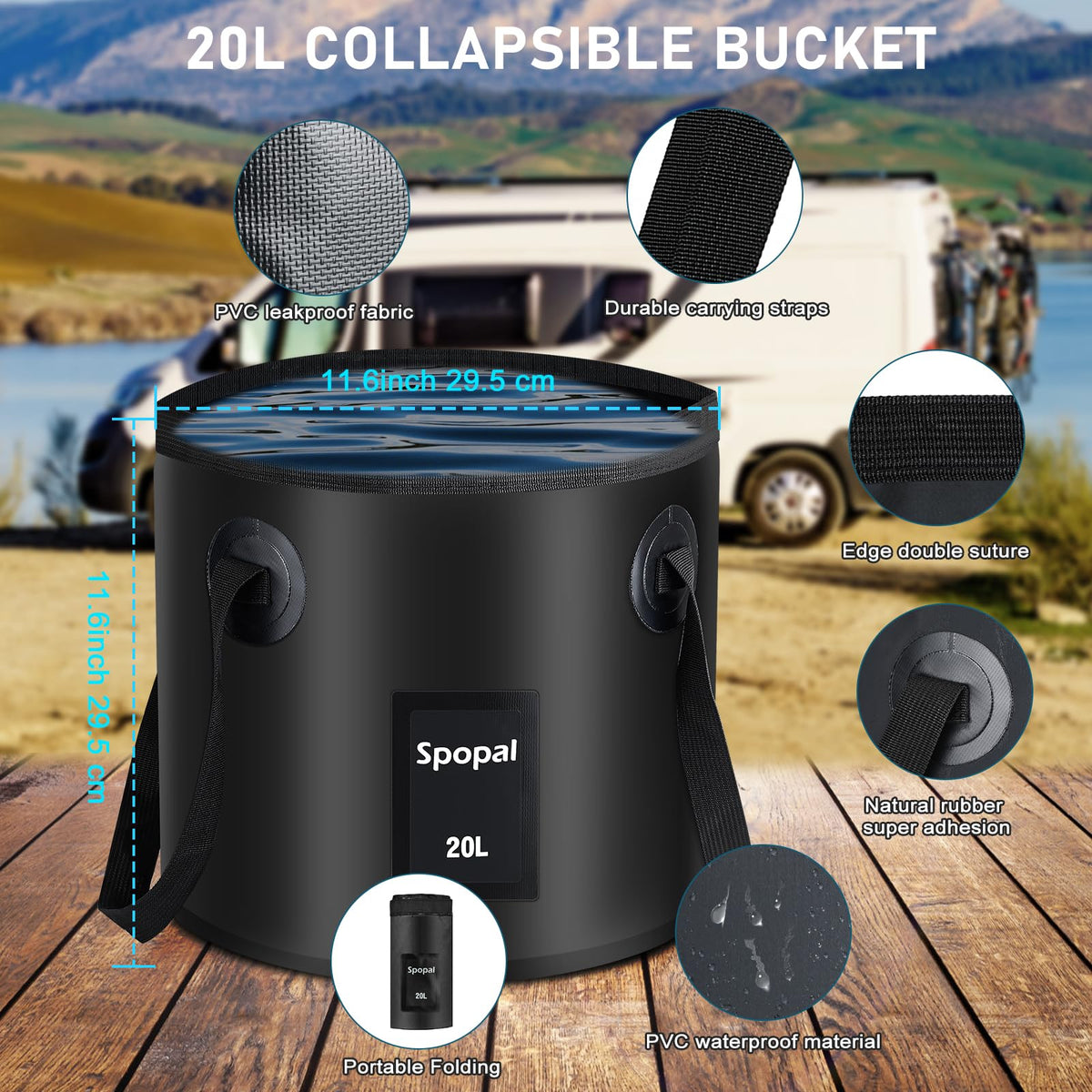 Spopal Rechargeable Camping Shower with Collapsible Bucket Handle 20L – alternate angle