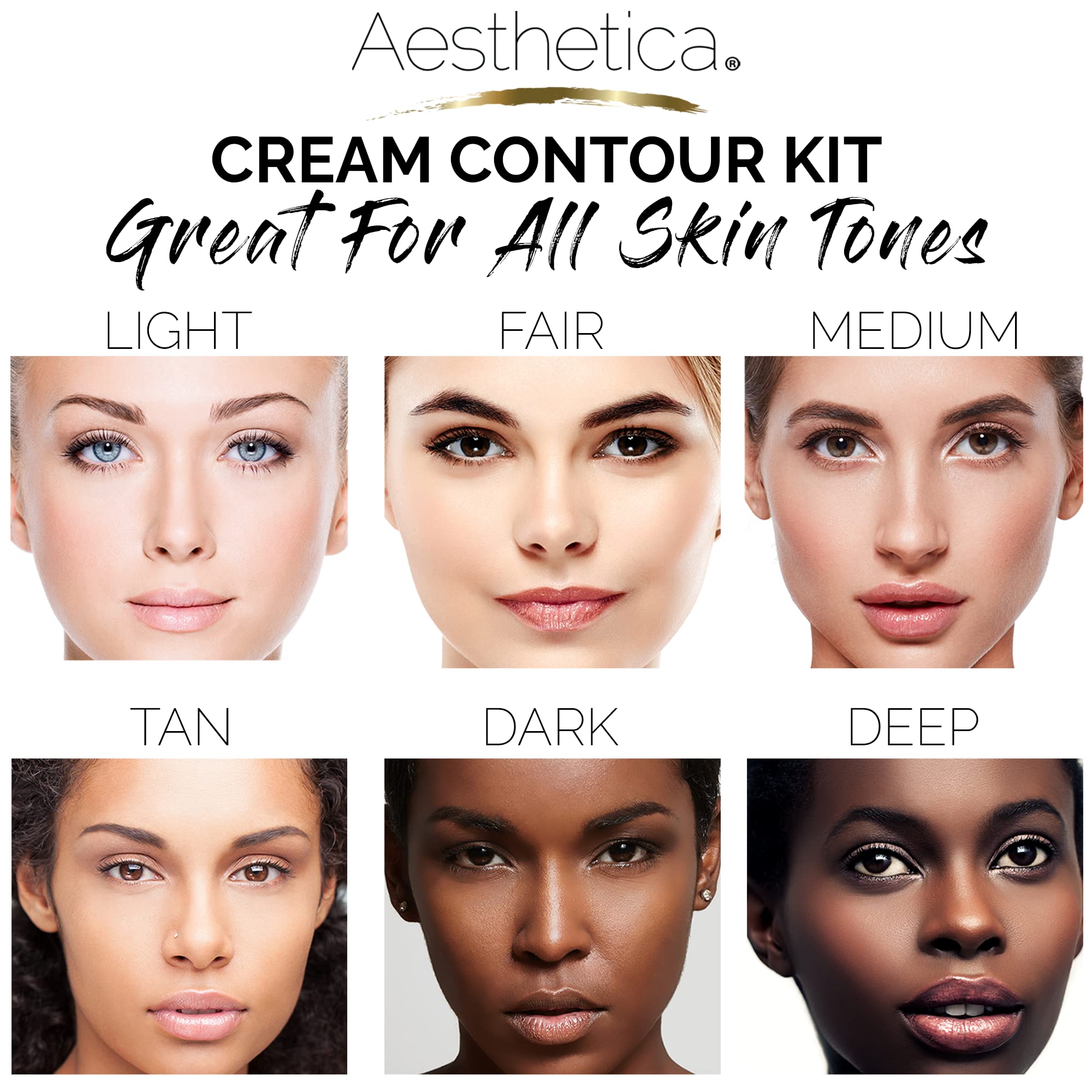 Aesthetica vegan cream contour and highlighting makeup kit with multiple shades for face sculpting and luminous glow.