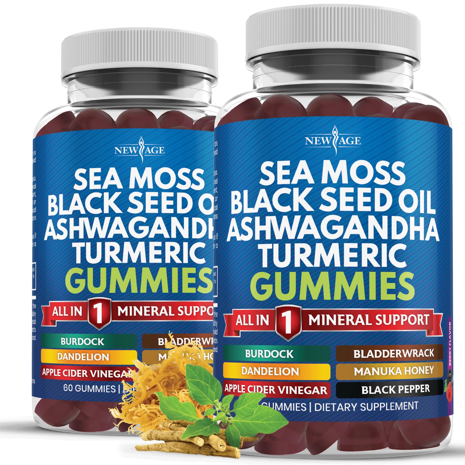 NEW AGE Sea Moss Gummies, Sea Moss, Black Seed, Ashwagandha, Turmeric, Manuka Honey, ACV, Dandelion, Black Pepper, Burdock, Bladderwrack, Vegan - 120 Count
