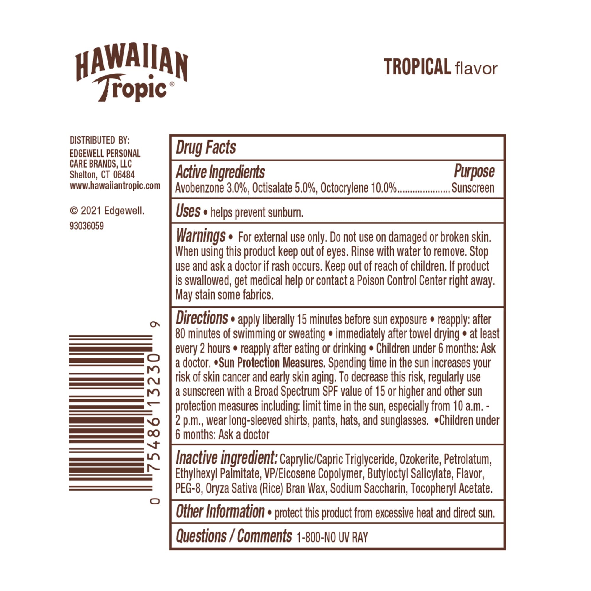 Hawaiian Tropic Tropical Sunscreen Lip Balm SPF 30, 0.14 Oz (Pack of 10)