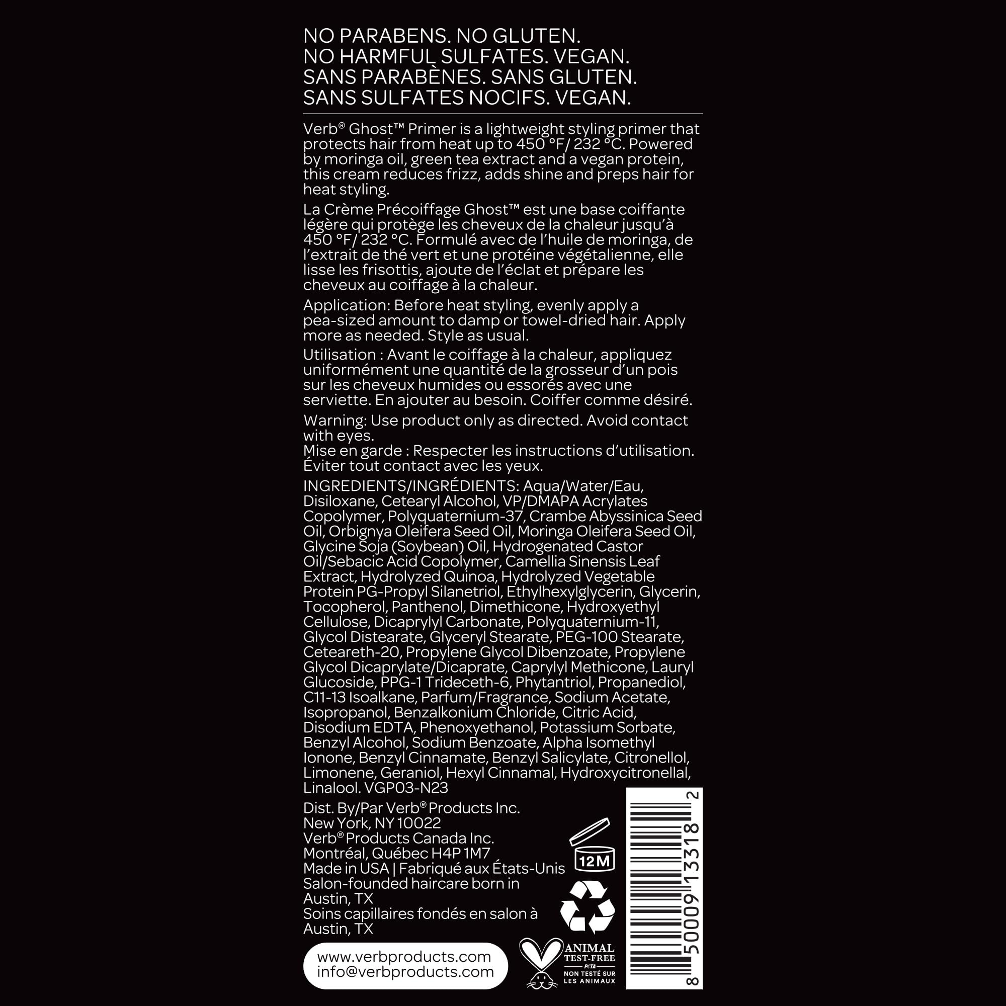 VERB Ghost Primer weightless heat protectant cream for hair styling, shown in a 4oz tube, suitable for all hair types.