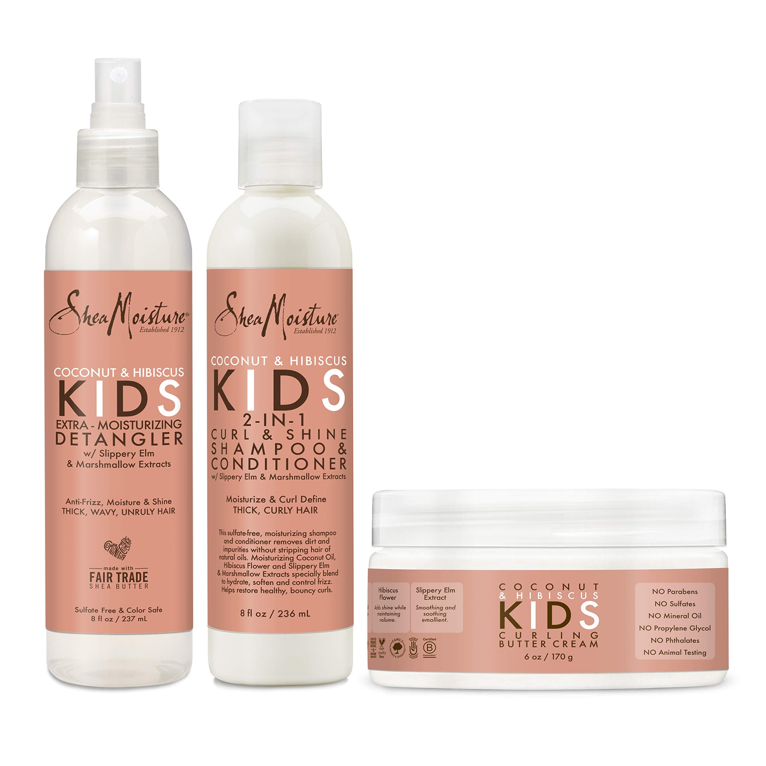 SheaMoisture Kids Curl Care Collection 3-piece set with gentle shampoo, conditioner, and styling products for curly hair.