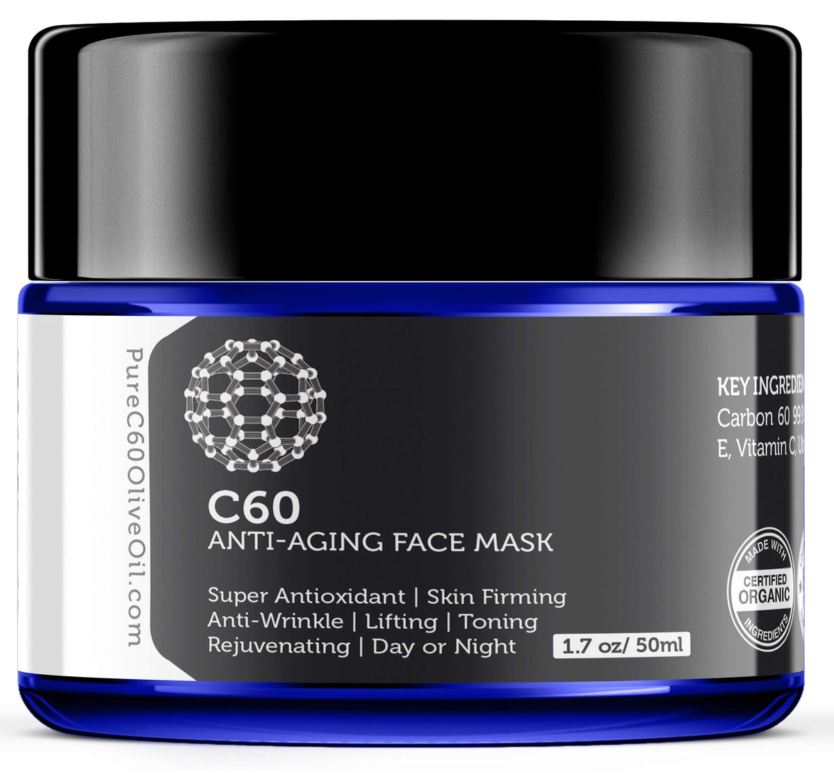 C60 Anti Aging Face Mask 50ml with Green Tea Aloe Ubiquinone - PureC60OliveOil.com Official Imagery - 2