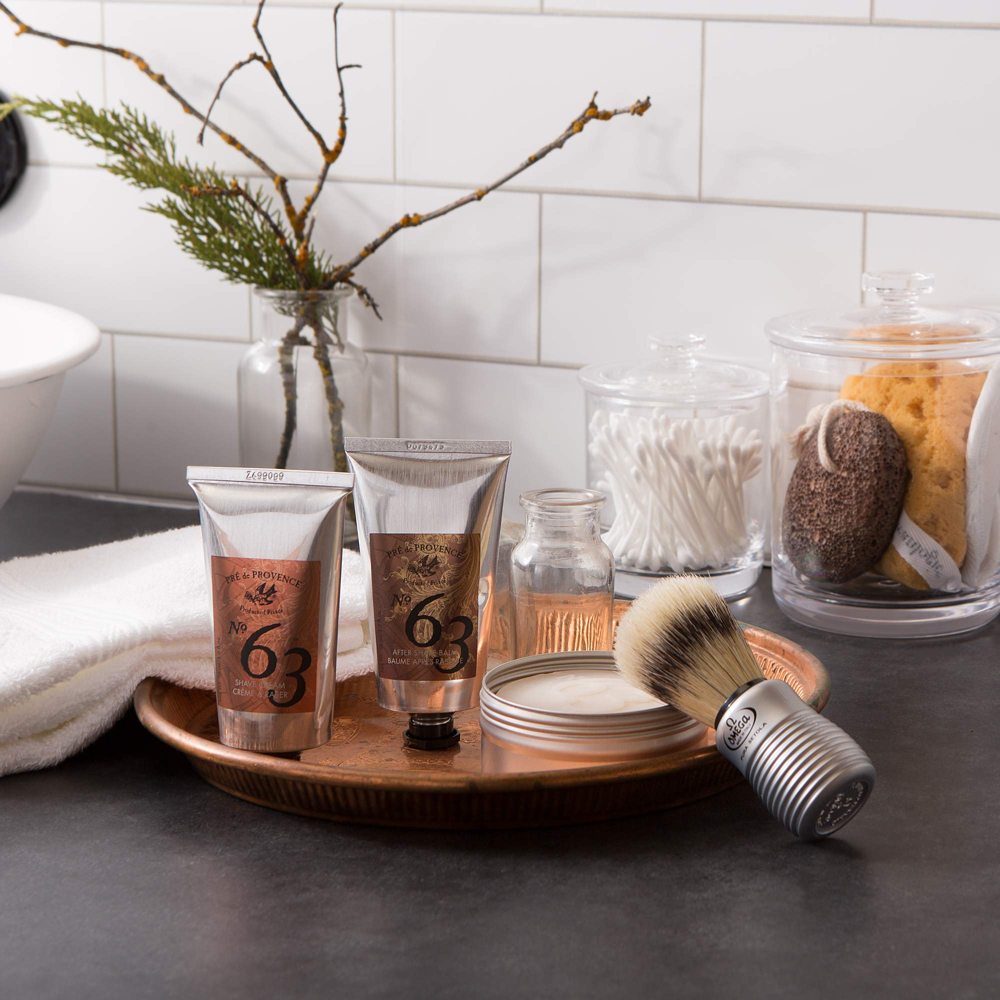 Pre de Provence No.63 men's shave soap in a tin, designed for a smooth shave and skin cleansing.