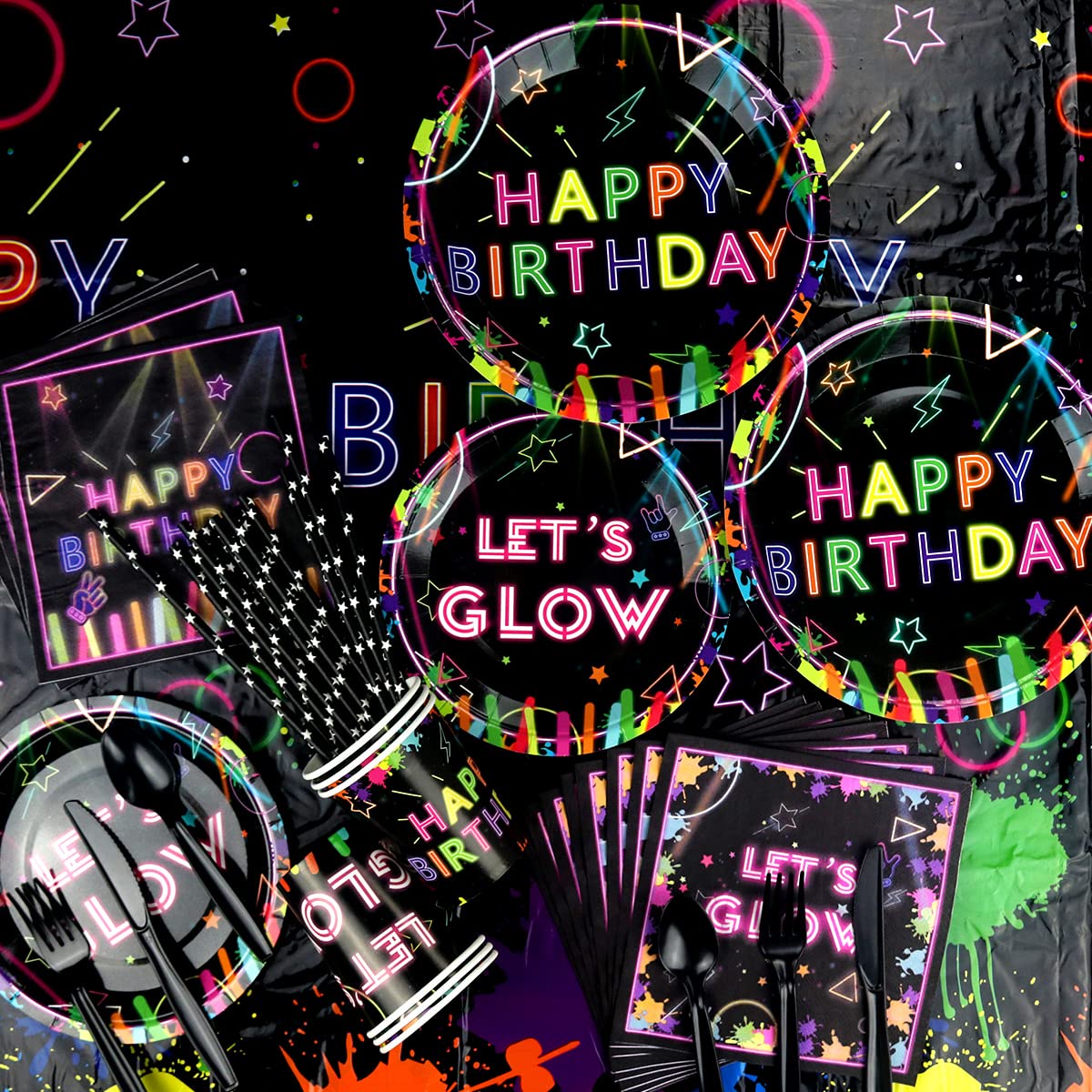 Ywediim Glow Neon Party Supplies - Glow in the Dark Birthday Let's Glow Backdrop Banner, Plates, Glow Sticks, Tablecloth