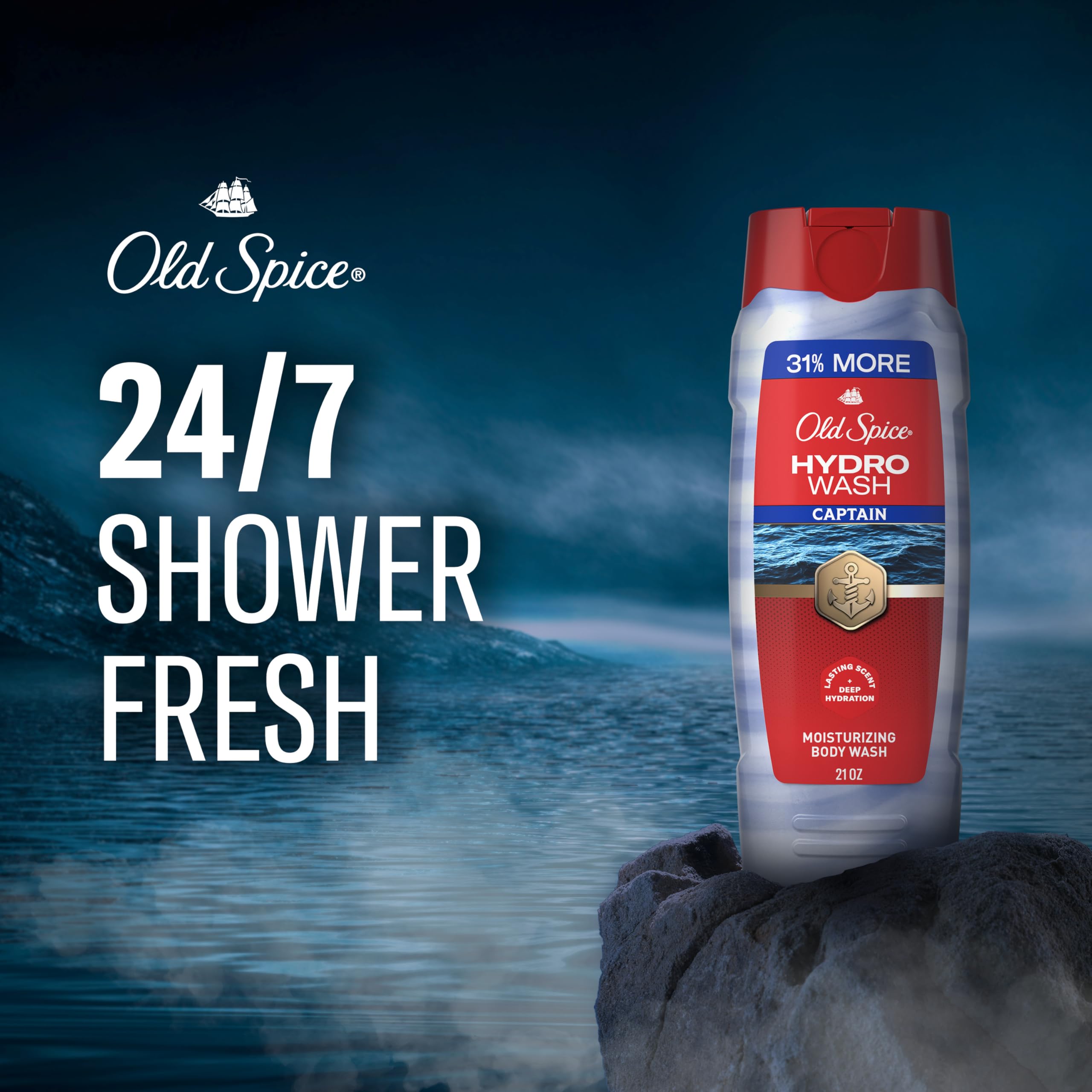 Old Spice Hydro Wash moisturizing body wash for men with ocean mist and bergamot scent, 21 oz bottles in a pack of four.