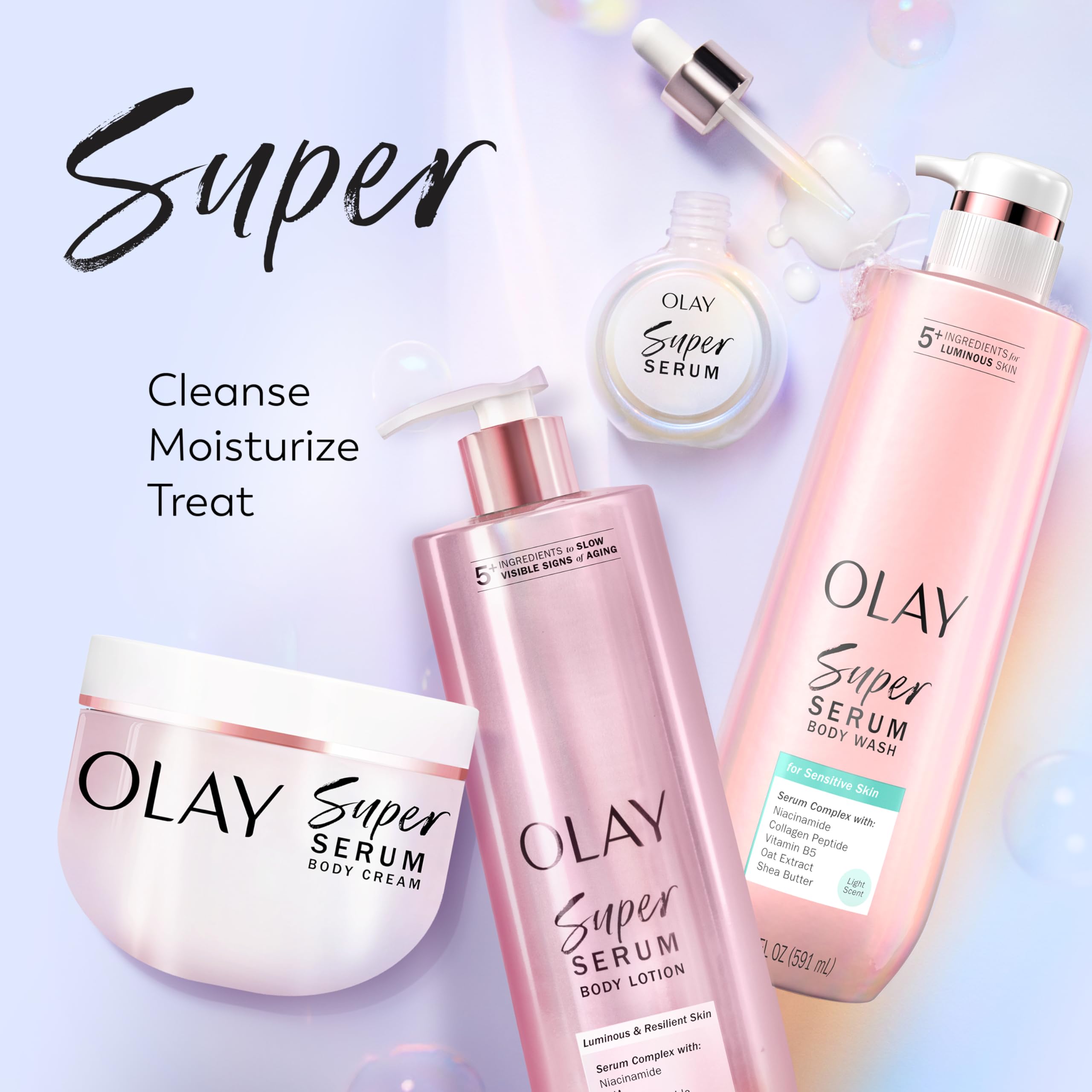 Olay Super Serum Body Wash for Sensitive Skin, 20 fl oz, with collagen, vitamin B5, and shea butter for bright, hydrated skin.