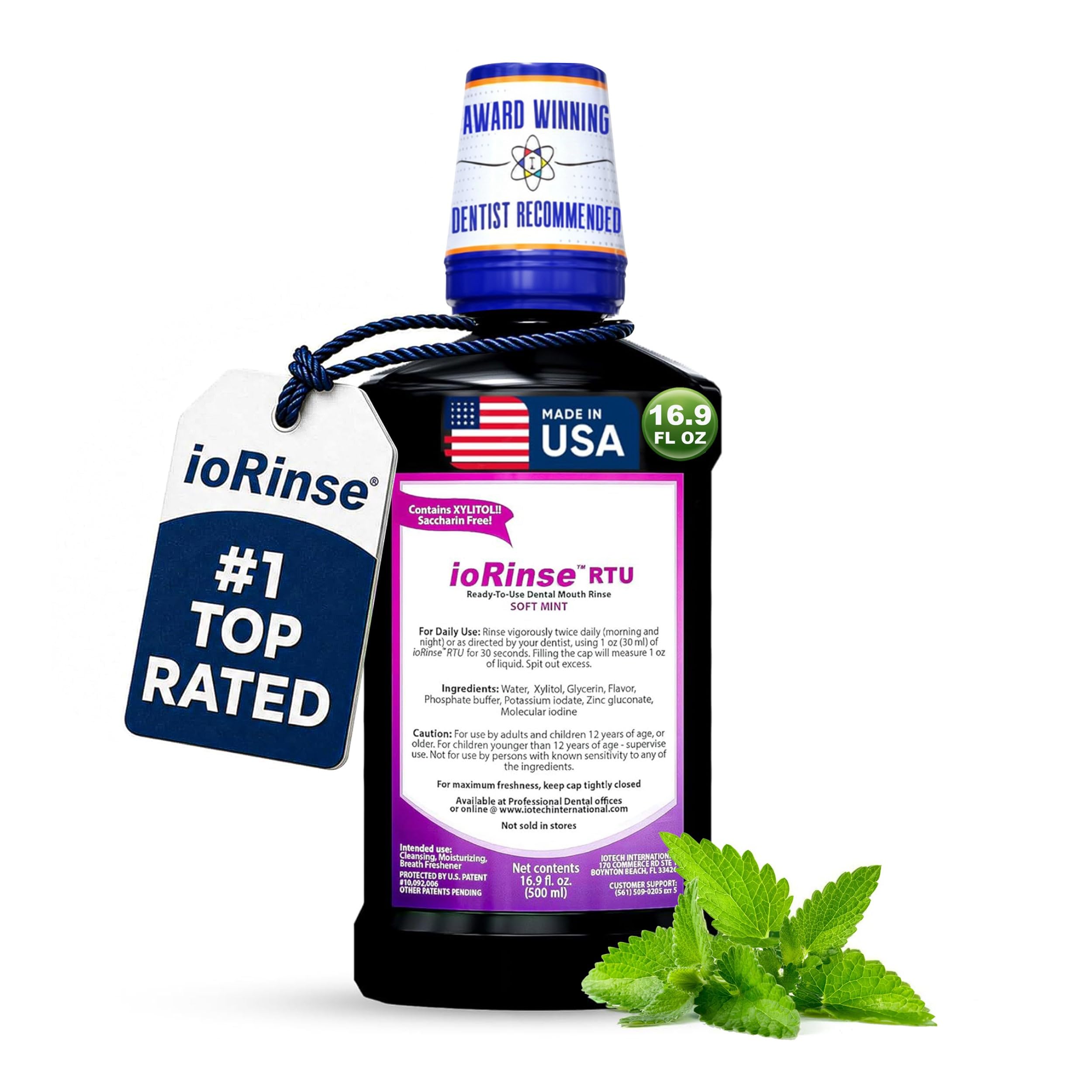 Iotech International ioRinse RTU molecular iodine mouthwash bottle with soft mint flavor and clear label.