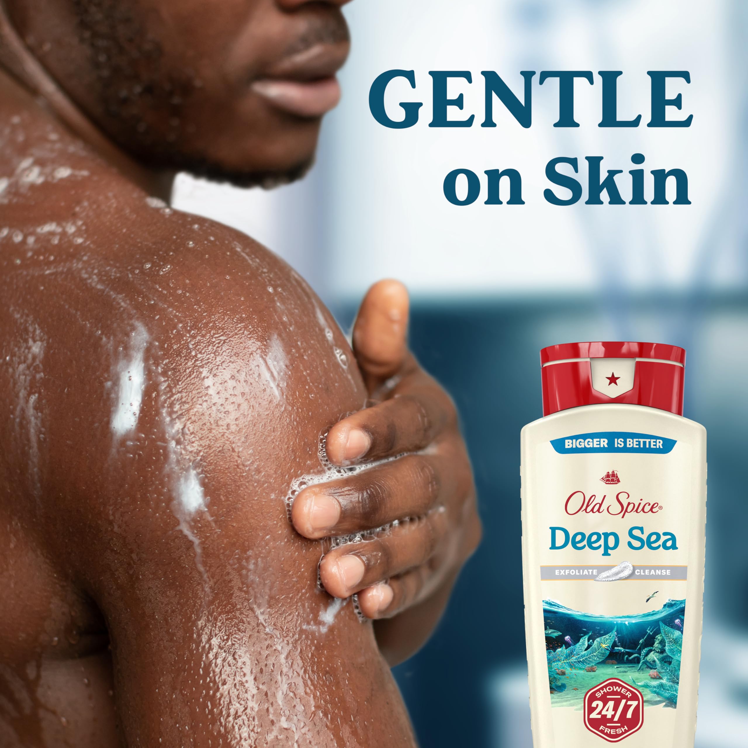 Old Spice men's 24/7 shower fresh body wash with ocean waves scent, exfoliates and cleanses skin, includes Vitamin B3, 18 oz pack of 4