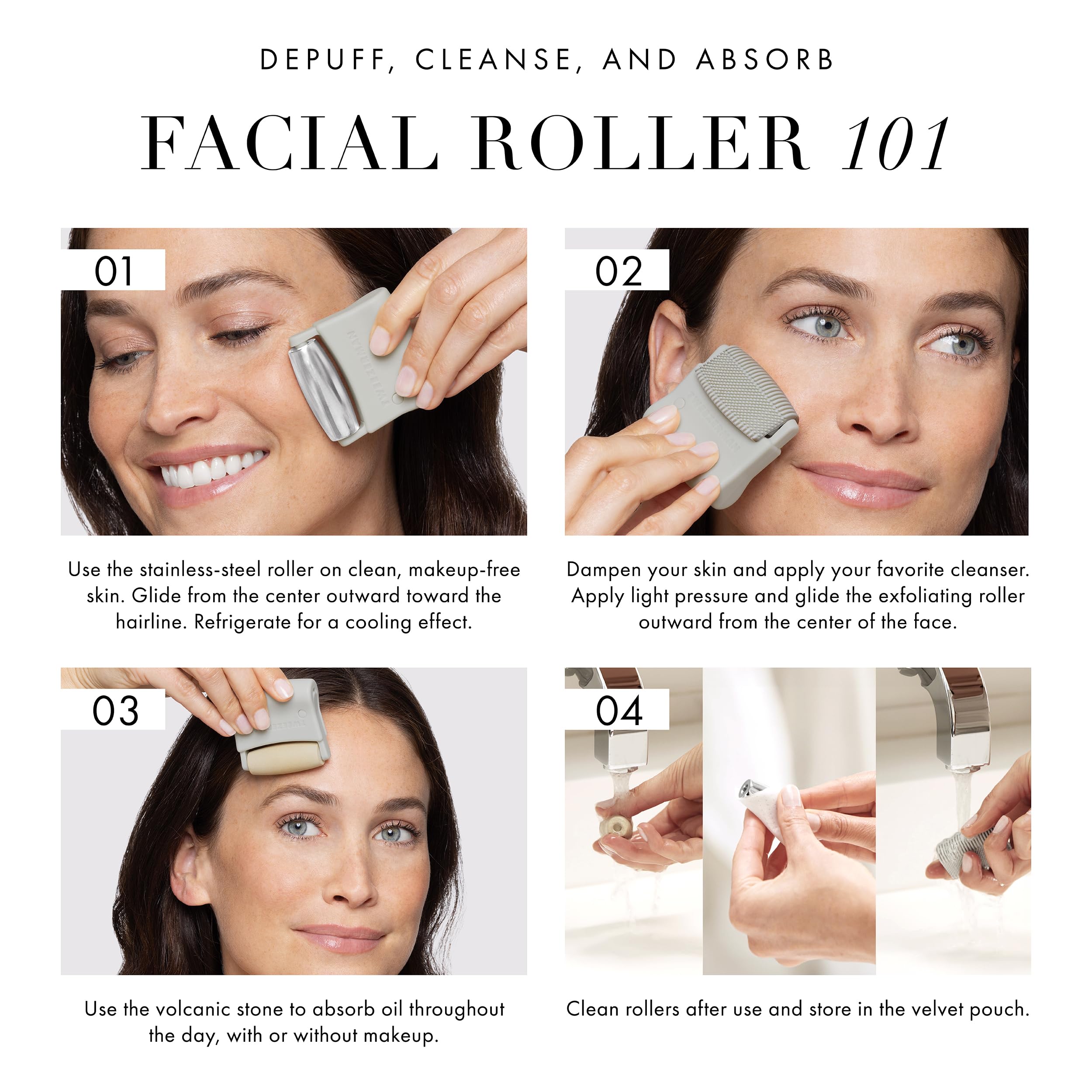 Tweezerman 3-in-1 facial massager roller set with three different textured rollers for skincare and facial relaxation.