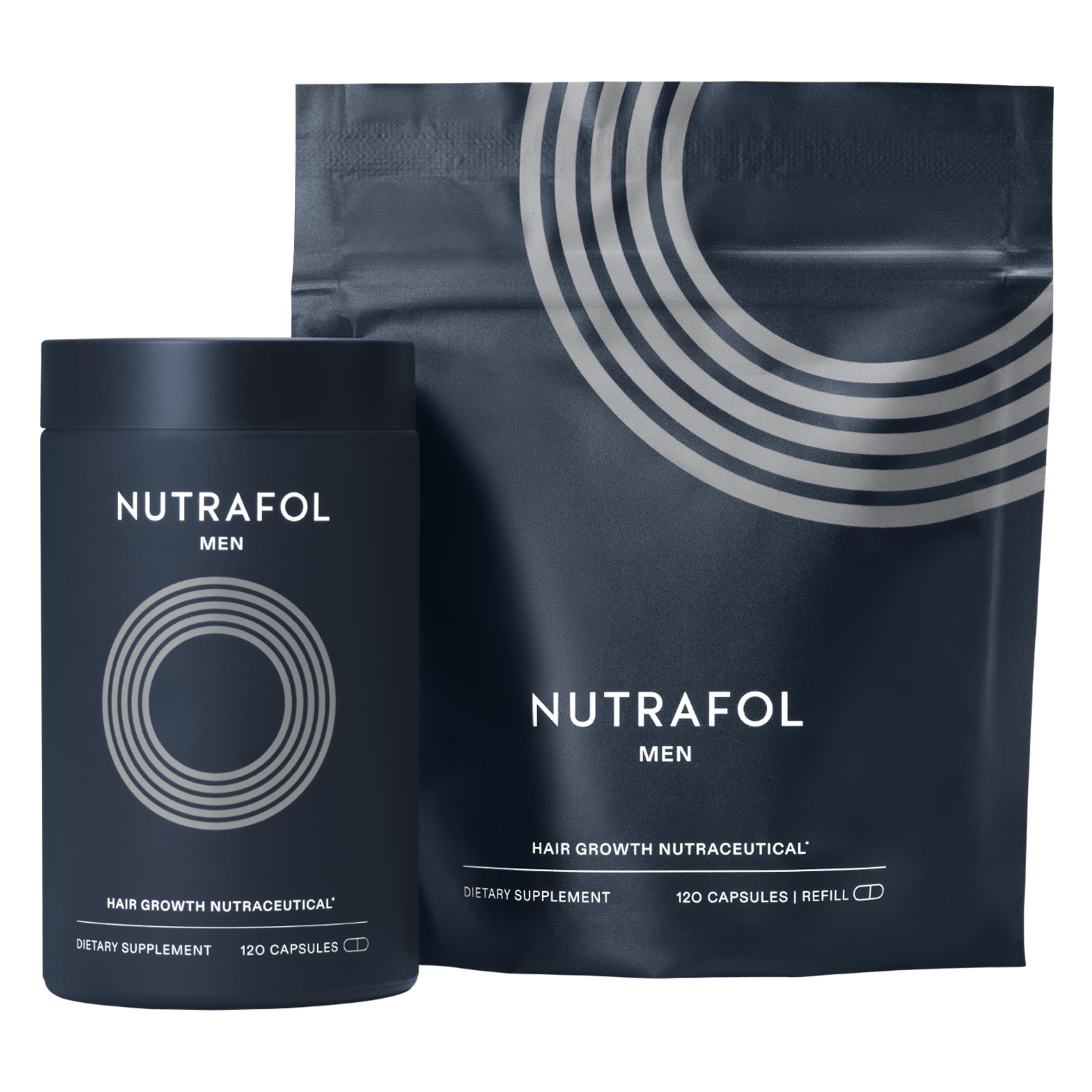 Nutrafol Men hair growth supplements for ages 18-49, 2-month bundle, featuring bottles of topical hair regrowth treatment.