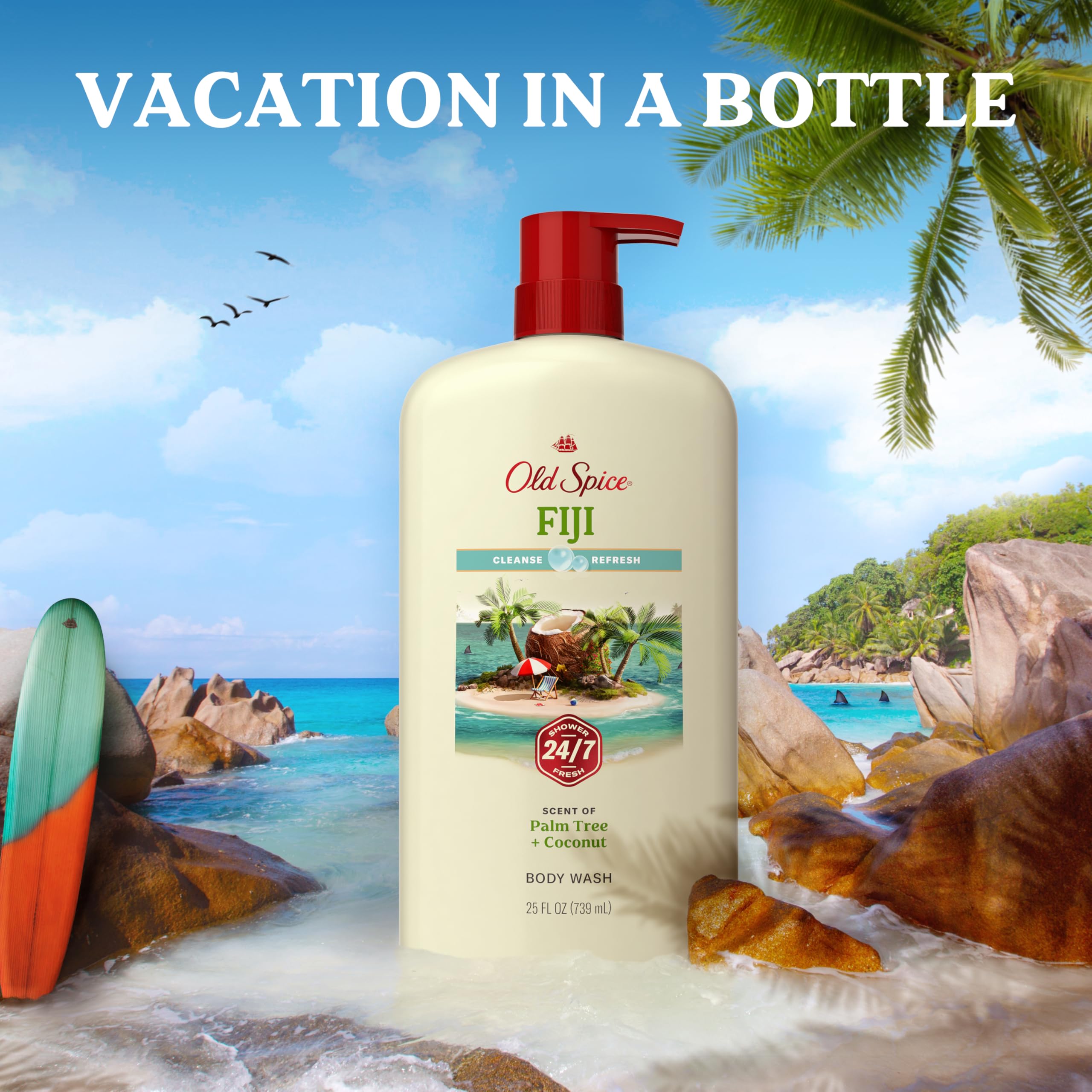 Old Spice Body Wash for Men 24/7 Shower Fresh with coconut scent, vitamin B3, gentle cleansing, 25 oz bottle, four-pack