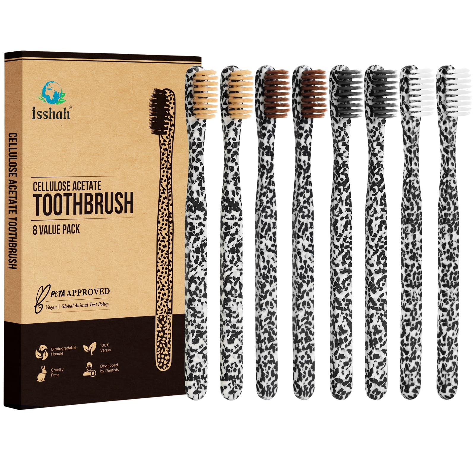 Isshah Plant-Based Cellulose Acetate Toothbrushes - 8 Pack - - Product Imagery