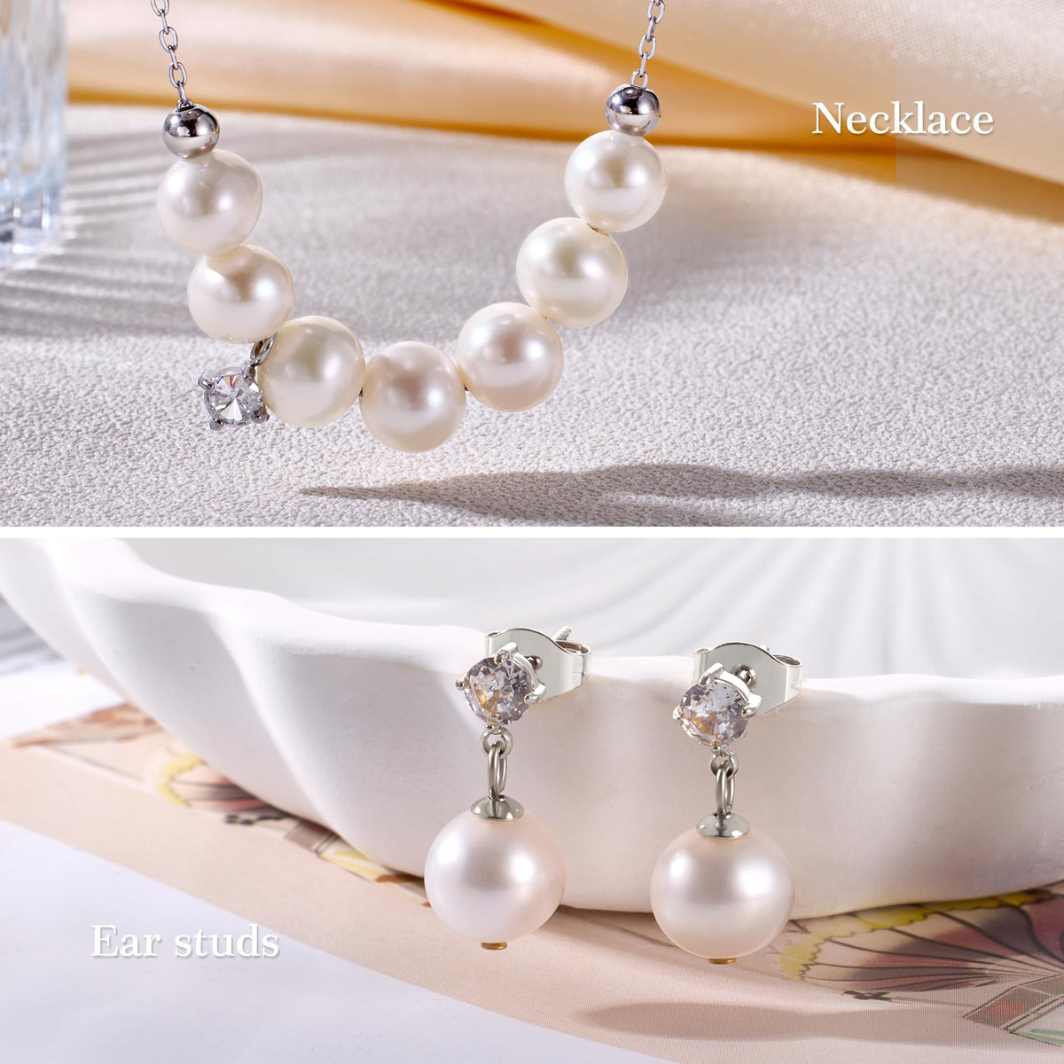 RuixiVelle Gold jewelry sets for women Freshwater Pearl Necklace Earrings Set for Wedding Brides, Bridesmaids, Birthday 