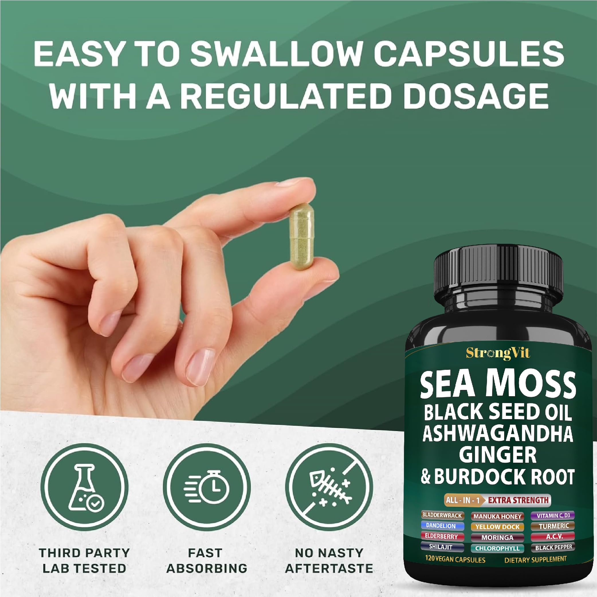 Sea Moss Black Seed Oil Ashwagandha Ginger, Organic Seamoss - 120 Capsules
