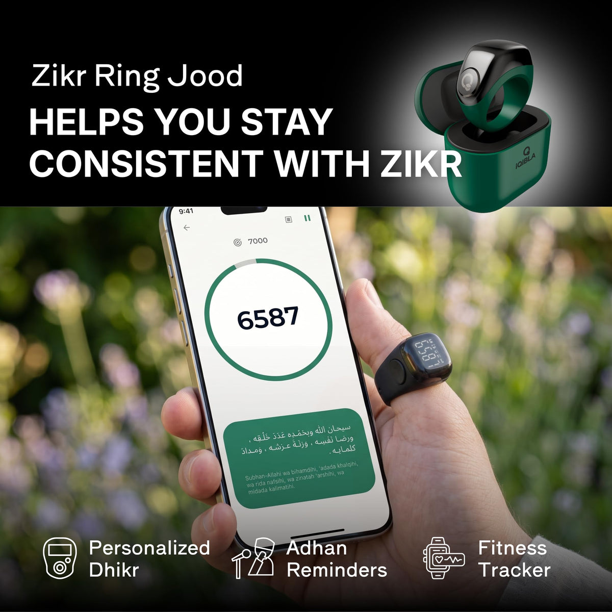 TAKVA - Zikr Ring Jood | Improved, Smart Tasbih Ring (Interchangeable Ring sizes) (Green) – full view, size 1 centimeter