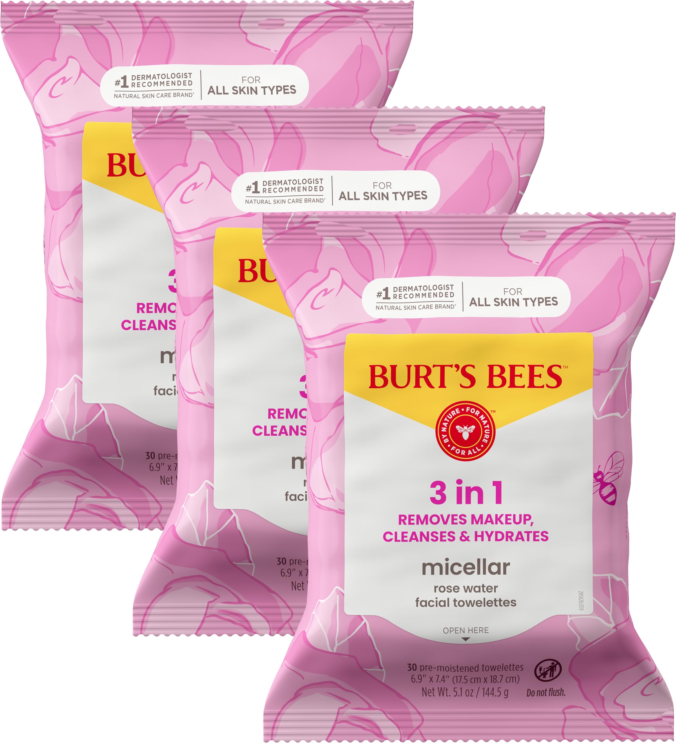 Burt’s Bees Micellar Rose Water Facial Towelettes, 30 ct., 3 Pack - Product Imagery