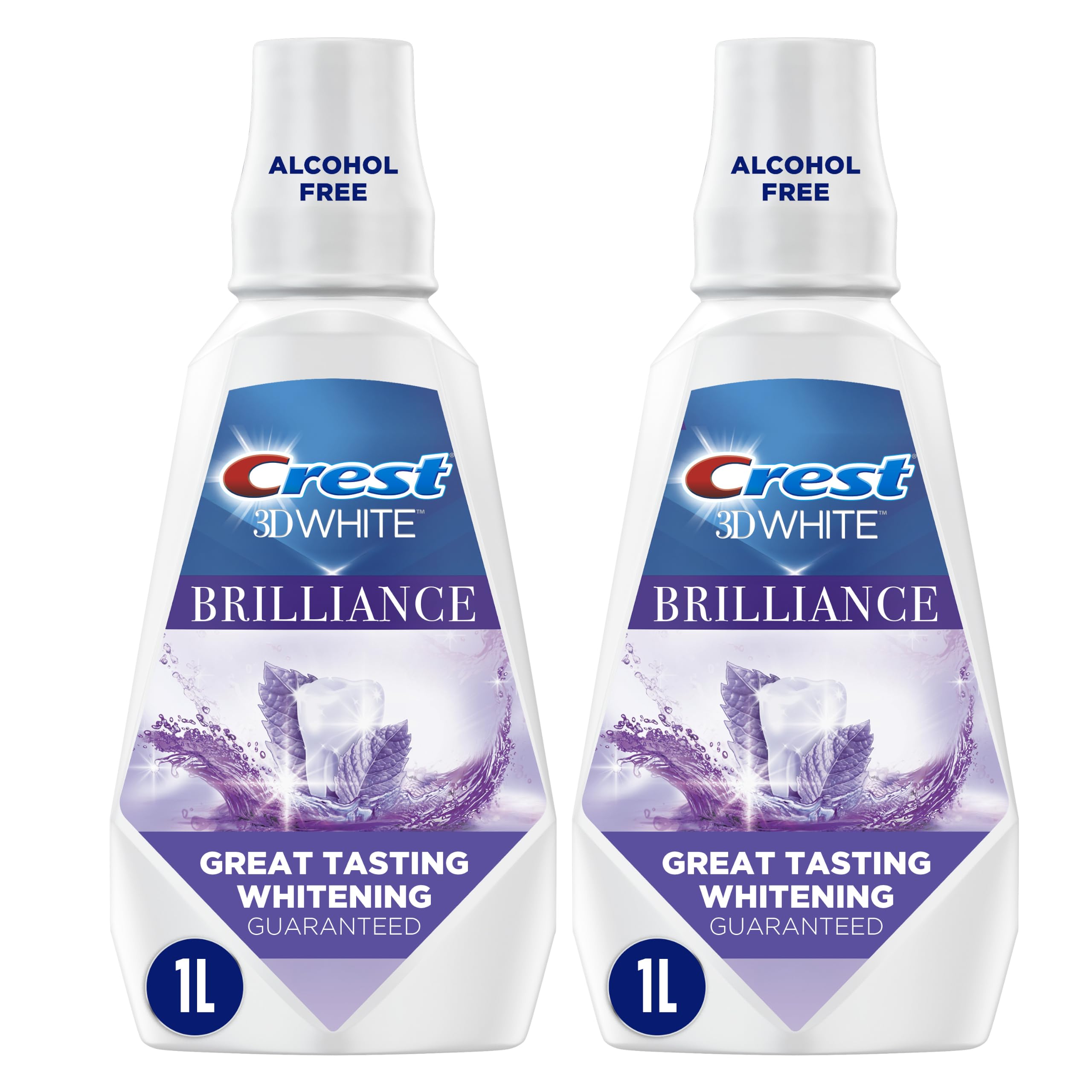 Crest Mouthwash/Mouth Rinse, 3D White Brilliance Whitening, Alcohol Free, Clean Mint, 2x1L (33.8 fl oz)