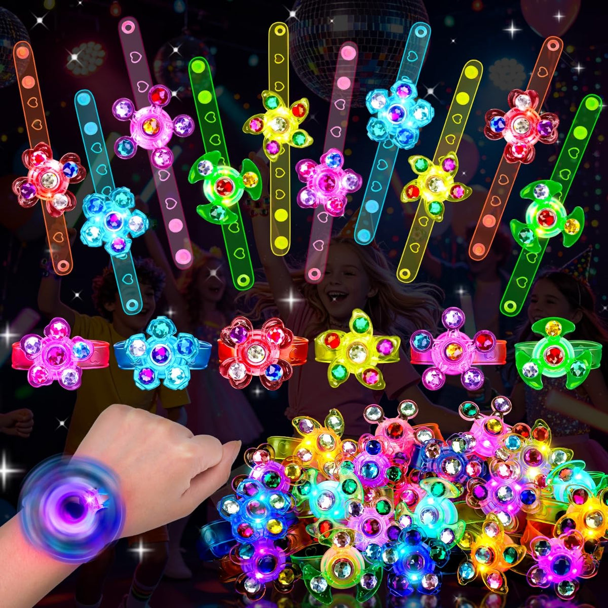 Thremhoo 24PCS Light Up Fidget Spinner Bracelets Glow Party Favors for Kids 4-8 8-12