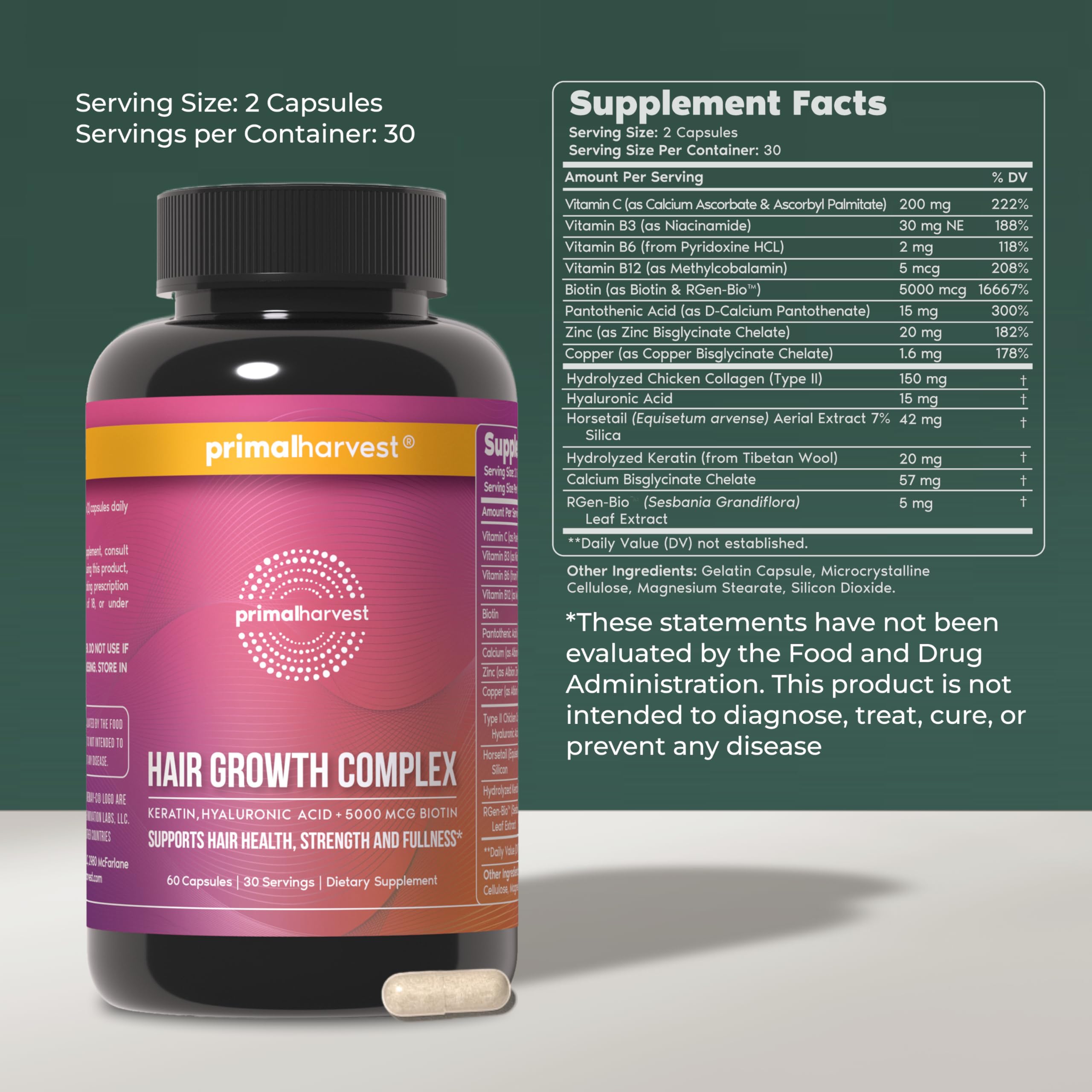 Primal Harvest Hair Growth Complex - Daily Supplement, Gluten & Dairy Free