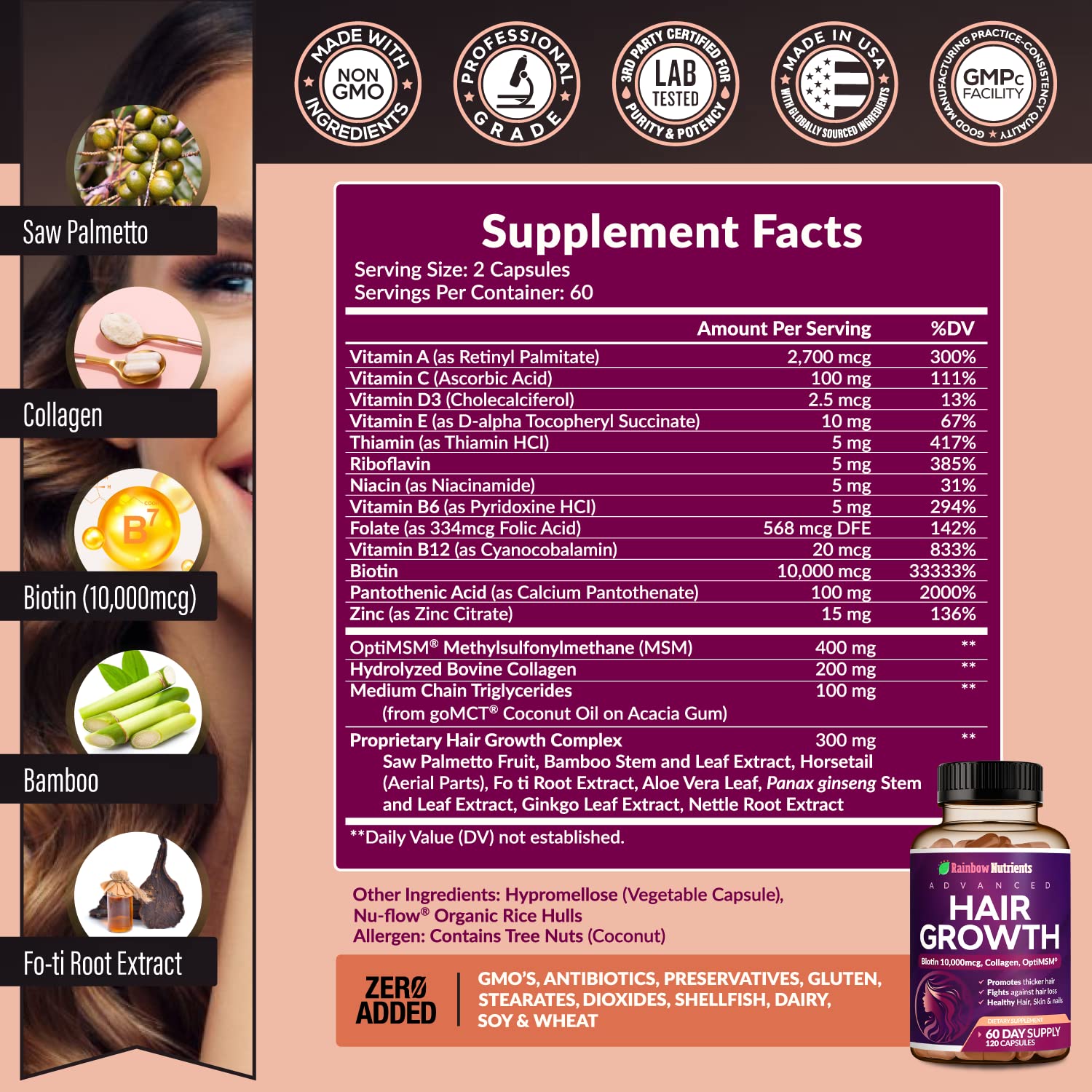 Hair Growth Vitamins for Women | Biotin 10,000mcg, Collagen, Patented OptiMSM®, goMCT®, Saw Palmetto | Naturally Supports Stronger & Healthier Hair, Skin and Nails |Non GMO + Made in USA|60 Day Supply
