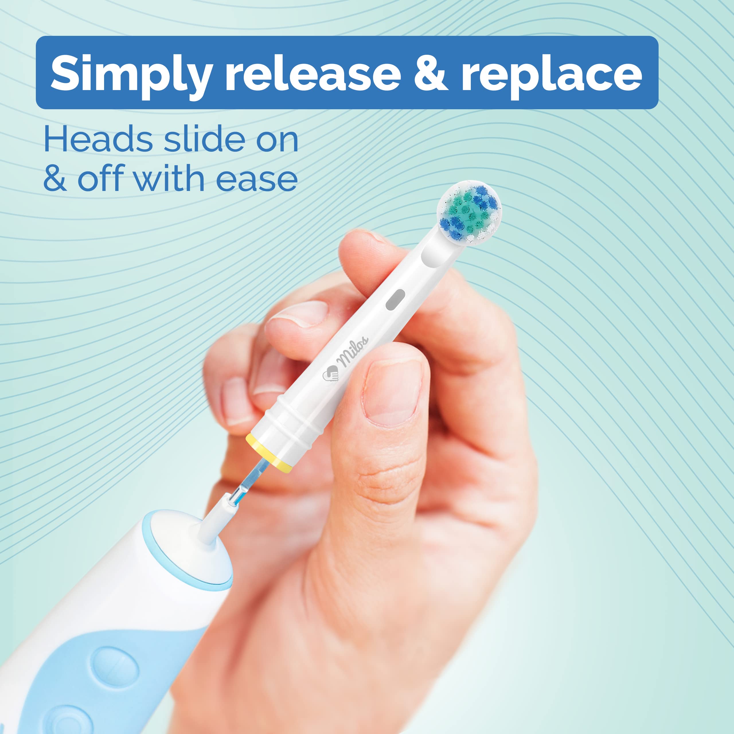 Set of 16 Milos replacement toothbrush heads for Oral-B electric toothbrush, with soft bristles and easy attachment.