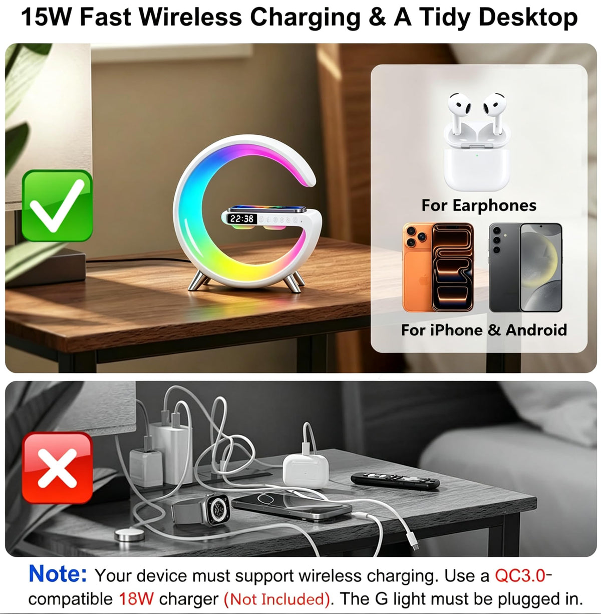 Smart LED Table Lamp 5 in 1 Wireless Charger Alarm Clock - LeeNabao Official Imagery - 8